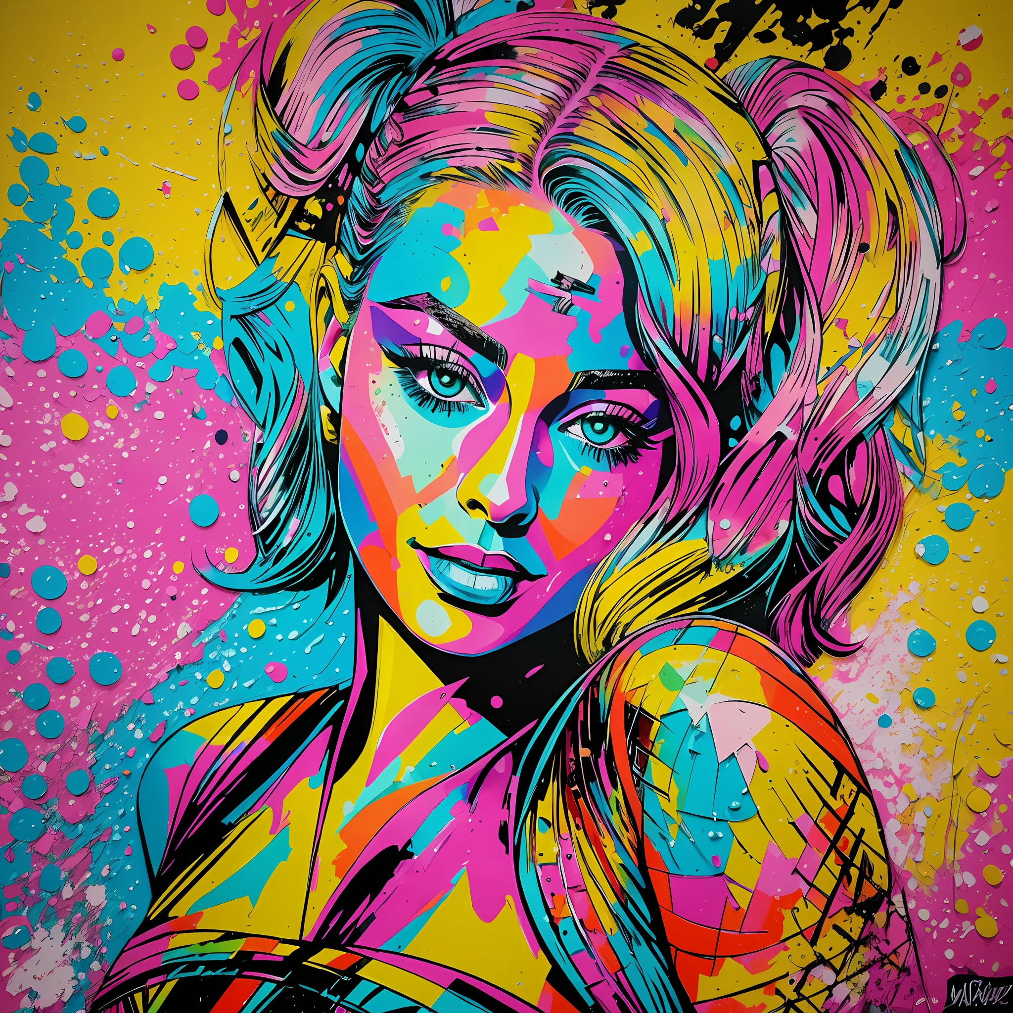 Paper textured art by Actress Margot Robbie, splatter style and colorful graffiti with vibrant colors, the Art is highlighted by the beauty of the actress, and at the same time it is mesmerizing, the vibrant colors make the art aida more beautiful --auto --s2