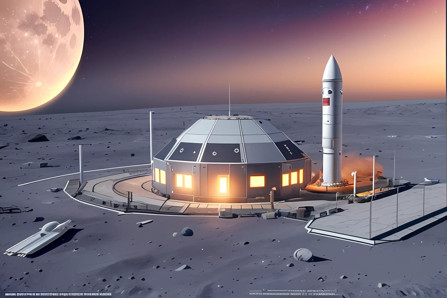 Create a realistic 4k rocket launch platform on the moon with a military base and a space station --auto --s2