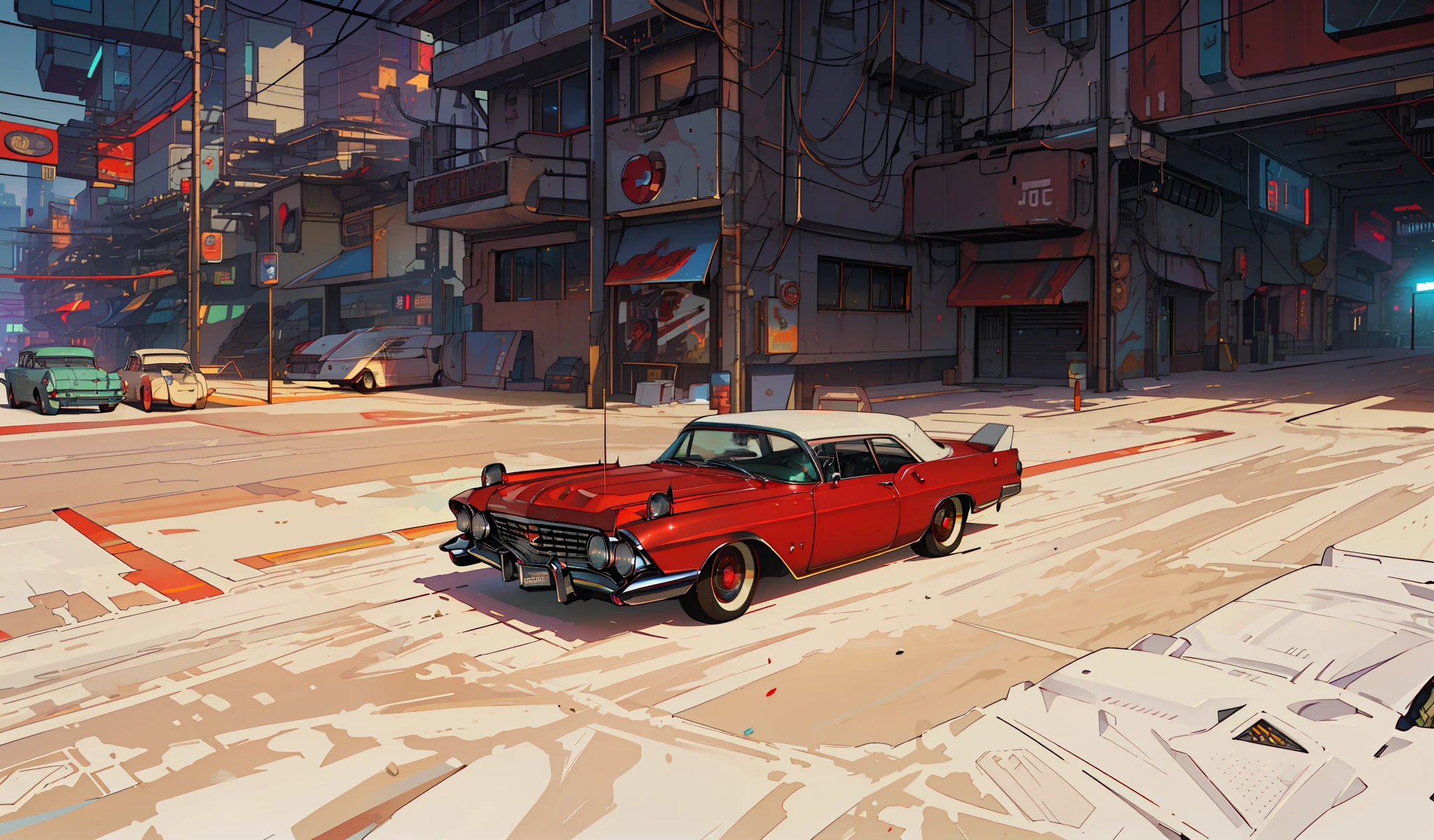 (Masterpiece)+, (Best Quality)+, (Complex Detail)+, cyberpunk car, matte paint, (white roof), showroom concept, lens flare, camera artifact, professional photographer, 4k, HDR, longitudinal symmetry, retro car, red backlight under the car, haze, car rides on the viewer, Cadillac 1959, open air intake, white stripe of the whole body,