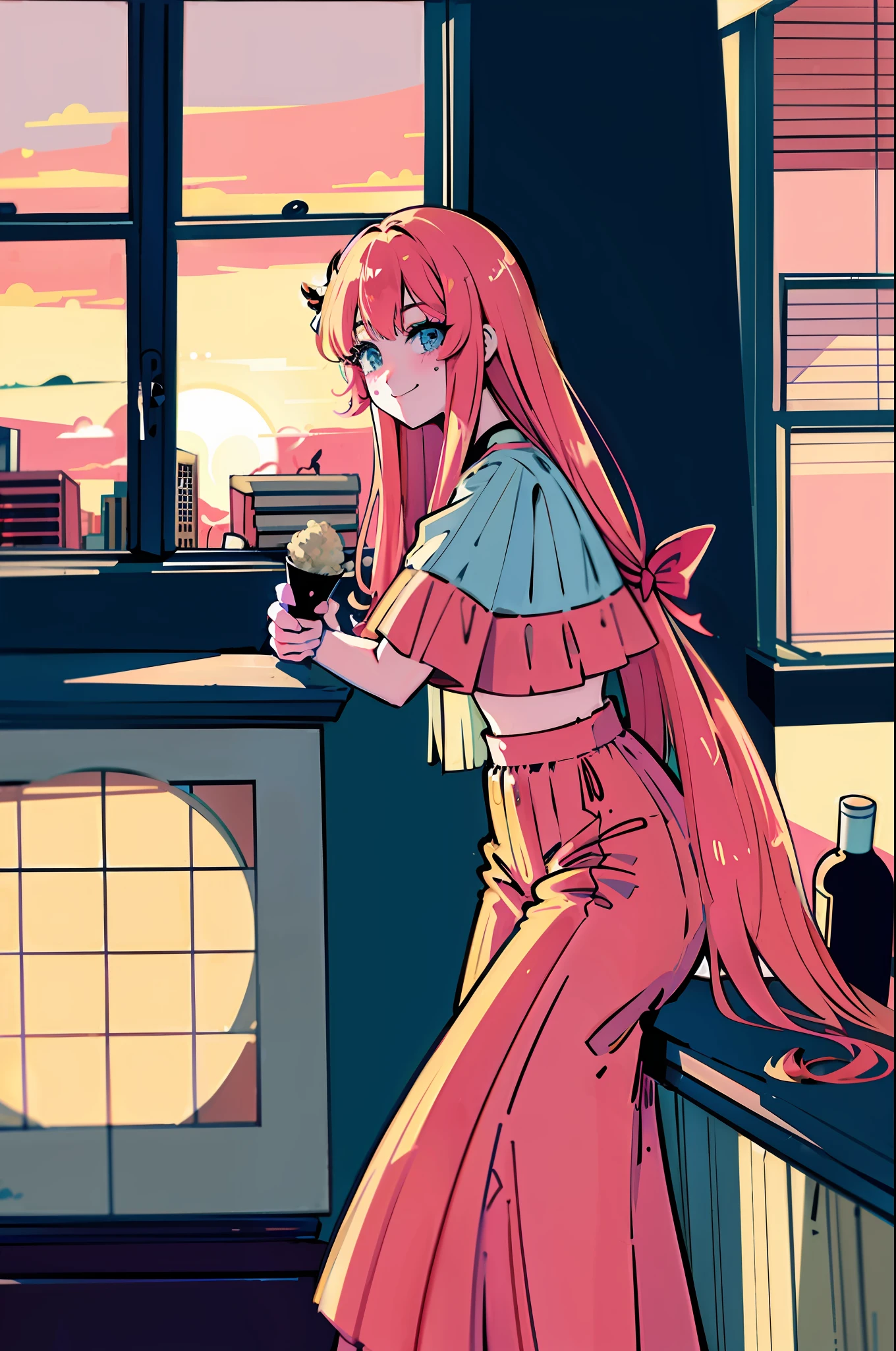 (Masterpiece: 1.5, Best Quality: 1.5), (Vaporwave Style, Partial Coloring), Close-up, From Top, Cinematic Angle (((vanilla)) Florist,
1girl, Solo, Cute Smile, (with vanilla ice cream), gemstone decorations, long hair, ice cream shop, dolls were living a messed up and decadent life
pole outside the window, sunset outside the window, street outside the window, sunset outside the window,