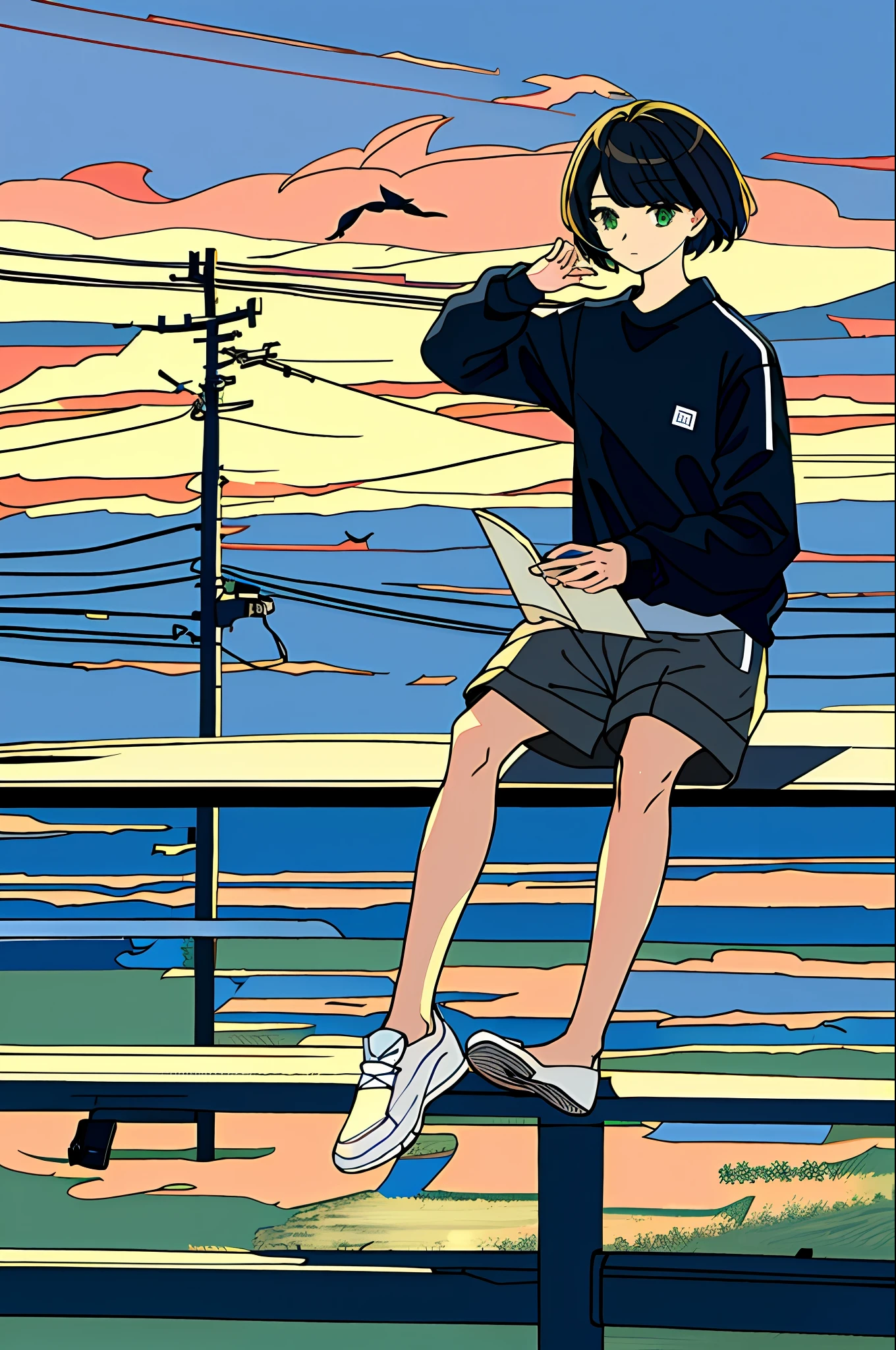 masterpiece, intricate detail,best quality, 1girl, solo, railings, clouds, sitting, studying, outdoors, whale, short hair, shoes, sky, long sleeve, sneakers, power line, white footwear, black hair, looking at viewer, telephone pole, bangs, cloudy sky, fish, bird, green eyes, shorts, animal, day, black shirt, bare feet