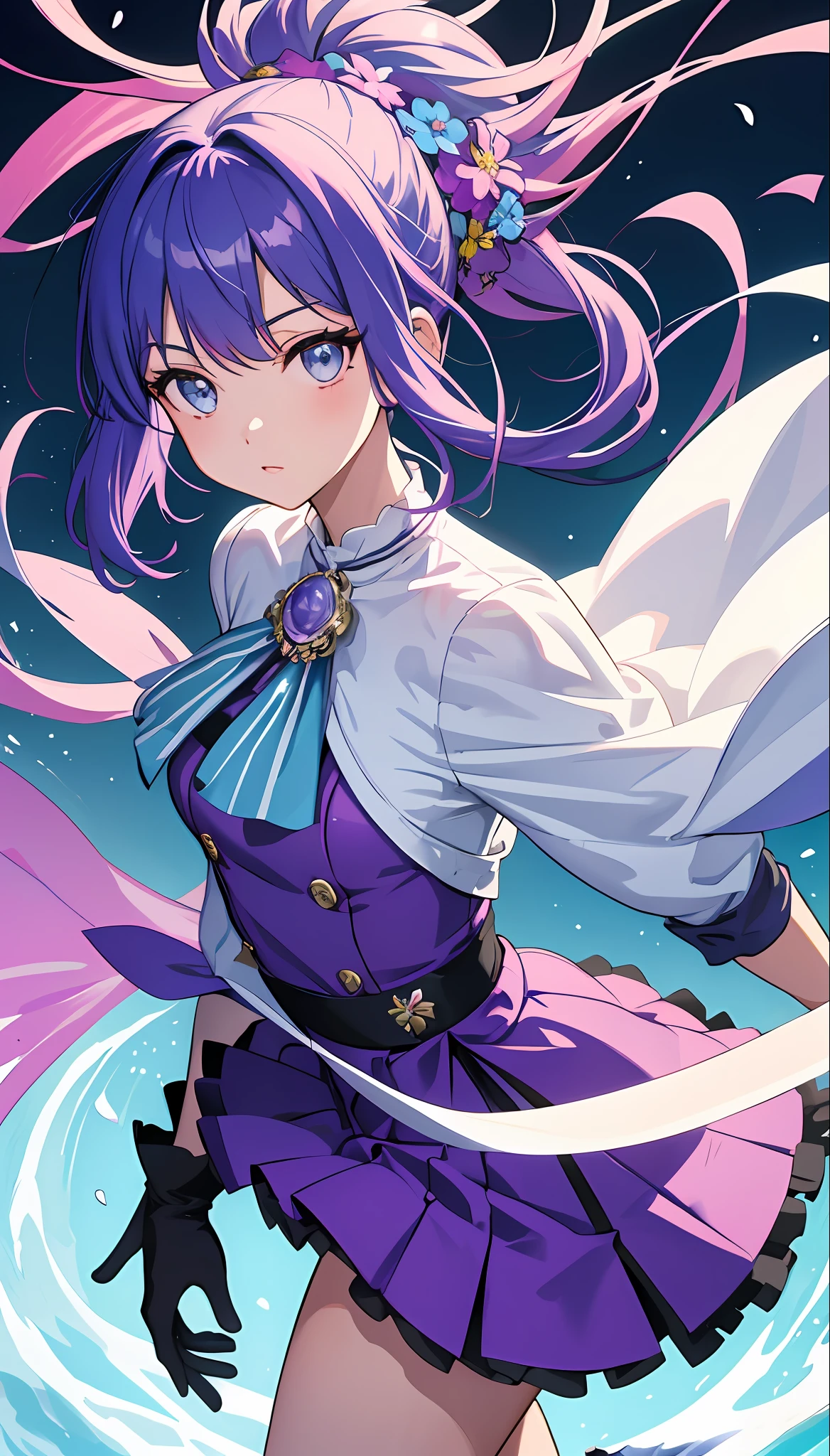 Full body, purple hair color, (masterpiece), (best quality), (super detailed), (disheveled hair), (illustration), (one girl), (fashionable clothes), standing, fashion model, looking at the viewer, (interview), (simple background), finely beautiful eyes, delicate beautiful face, floating, (high saturation), (colorful splash), colorful bubble, (brilliance), focus on face, ponytail, kamisato ayaka, light blue hair, bangs, hair ring, floating flowers, floating hair, (shining), best lighting, best shadow,