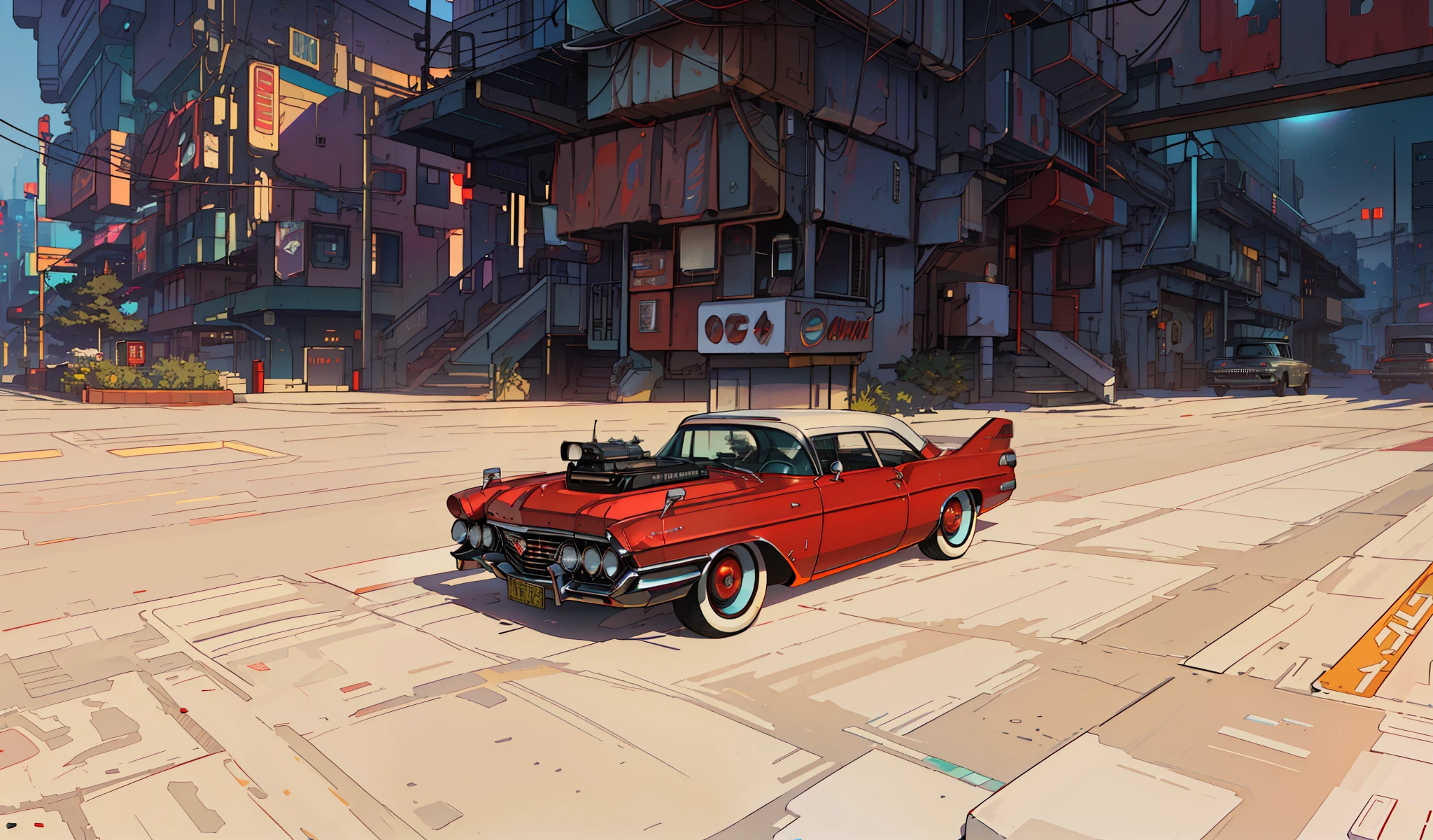 (Masterpiece)+, (Best Quality)+, (Complex Detail)+, cyberpunk car, matte paint, (white roof), showroom concept, lens flare, camera artifact, professional photographer, 4k, HDR, longitudinal symmetry, retro car, red backlight under the car, haze, car rides on the viewer, Cadillac 1959, open air intake, white stripe of the whole body,