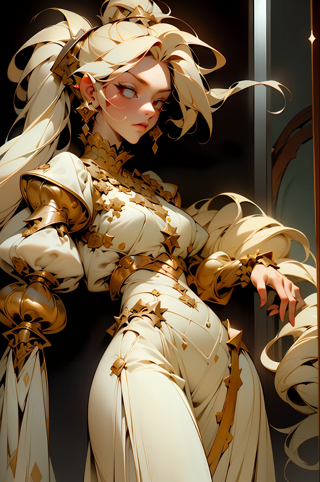 (Masterpiece, Best Quality, High Quality, High Resolution: 1.4), Detailed, Very Detailed, Ambient Soft Lighting, 4K, Gorgeous,
interior, (Renaissance, vintage:1.4), plant, window,
1 Greer, (Solo: 1.4), (: 1.2), Standing, Upper body, (Facial focus: 1.2),
(very detailed hair: 1.2), blonde, long hair, long sideburns, bangs, (hair intake, high ponytail: 1.4),
expressionless, emotionless, (red eyes, glaring, contempt, disgust, looking at the audience: 1.2),
curvy,, sunken skin, (burst breasts: 1.2),
(Headgear:1.2), Crown, (, No straps, Red dress, Frilled dress, Long skirt, Fluffy skirt, Fluffy sleeves, Juliet sleeves, Long sleeves: 1.2), Jewelry,