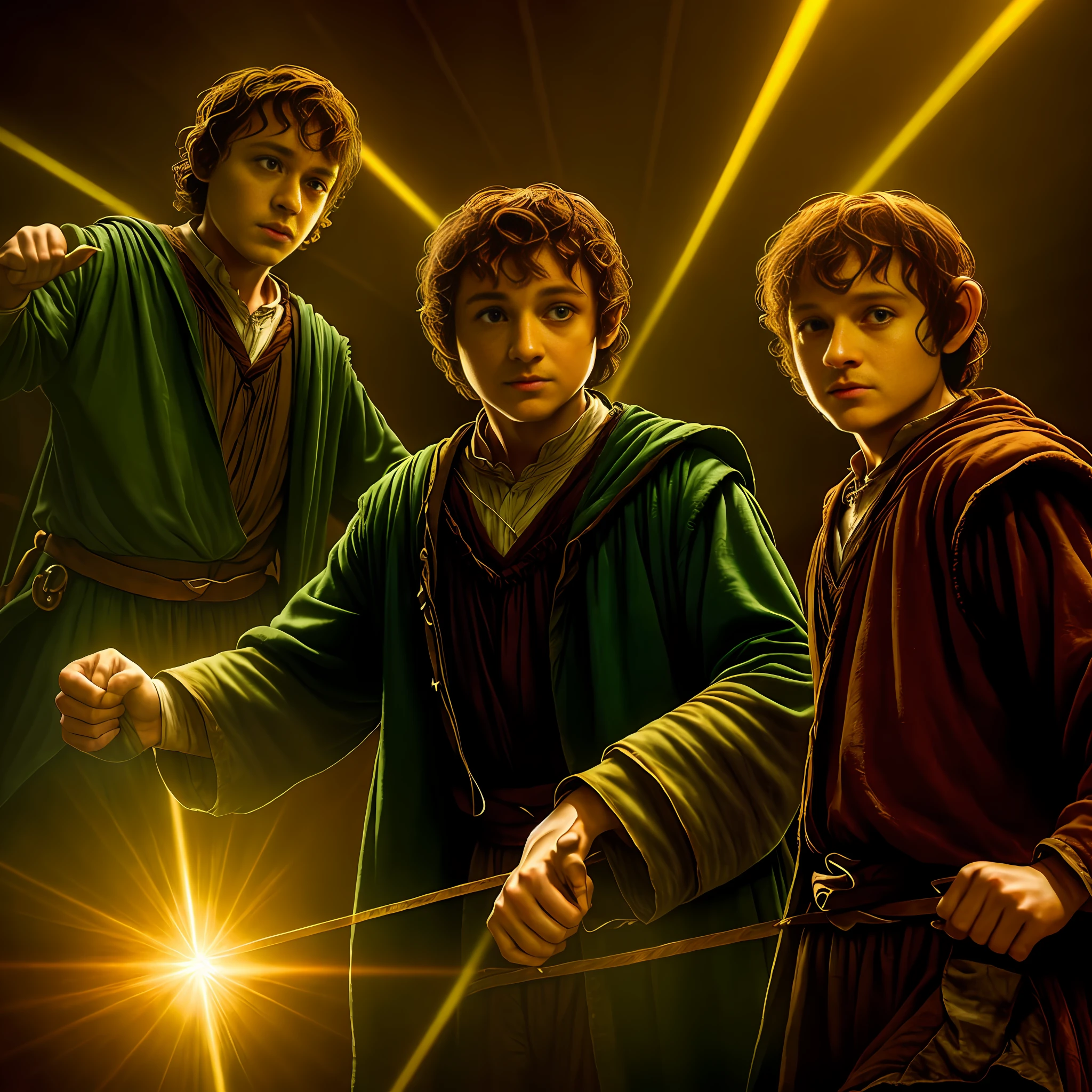 (Frodo and Torin:1.3), oak shield, brown leather suit, dark mine, gold, beautiful light, vivid scene, atmospheric, dynamic angle, high resolution.