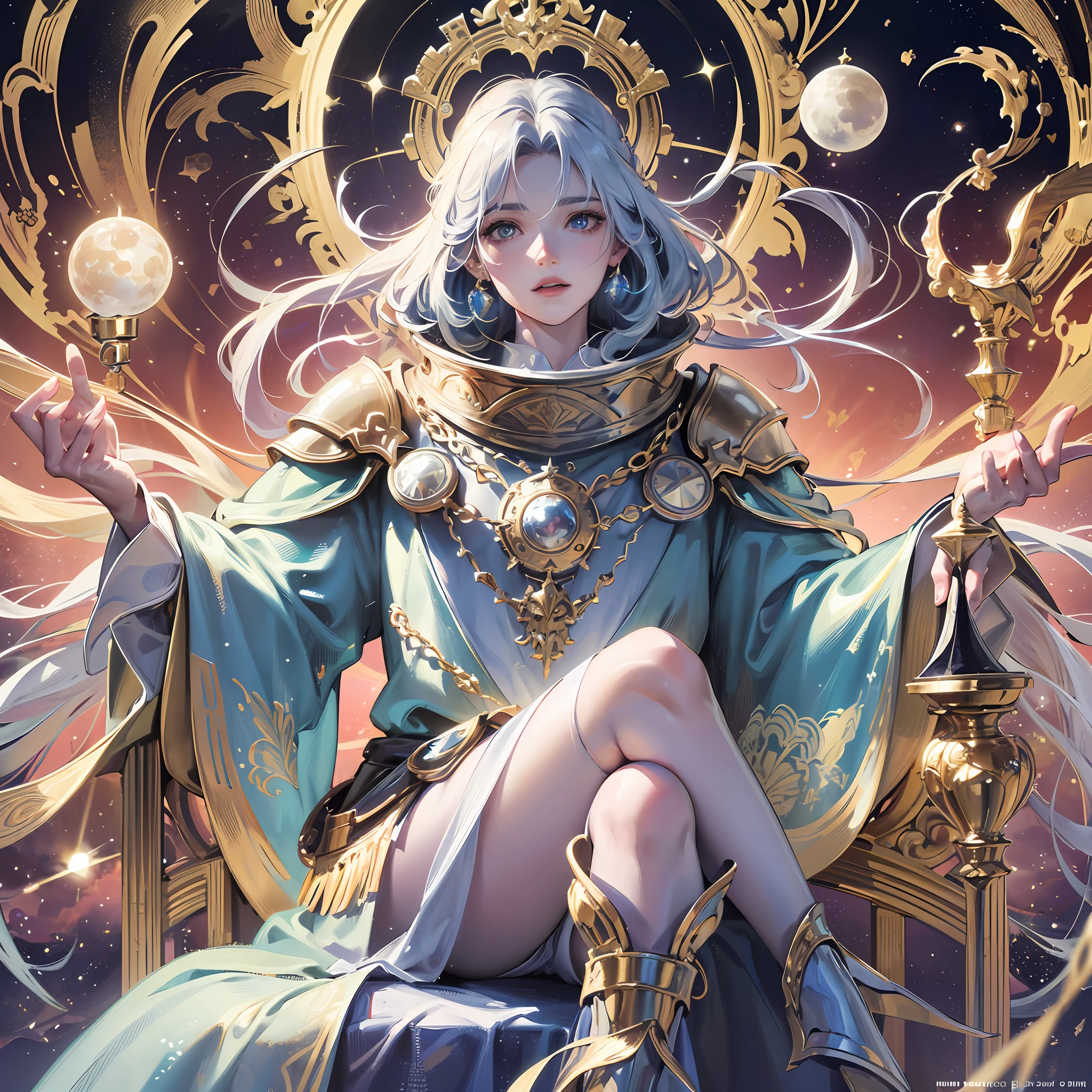 super high resolution, best quality, photo, 16k, (photorealistic: 1.2), cinematic lighting, An old man in the shape of a mythical god. Depict the god holding the sun and moon, enveloped by a radiant aura. Seat them on a magnificent throne within a cosmic backdrop, in bright white cloaks floating on the crystal throne, floating on crystal clouds, surrounded by the splendors of the universe. Pay meticulous attention to stunning details and achieve a resolution of 64K for an immersive and realistic visual experience. Let your work capture the essence of myth and wonder, leaving viewers in awe of its beauty and power. --auto --s2