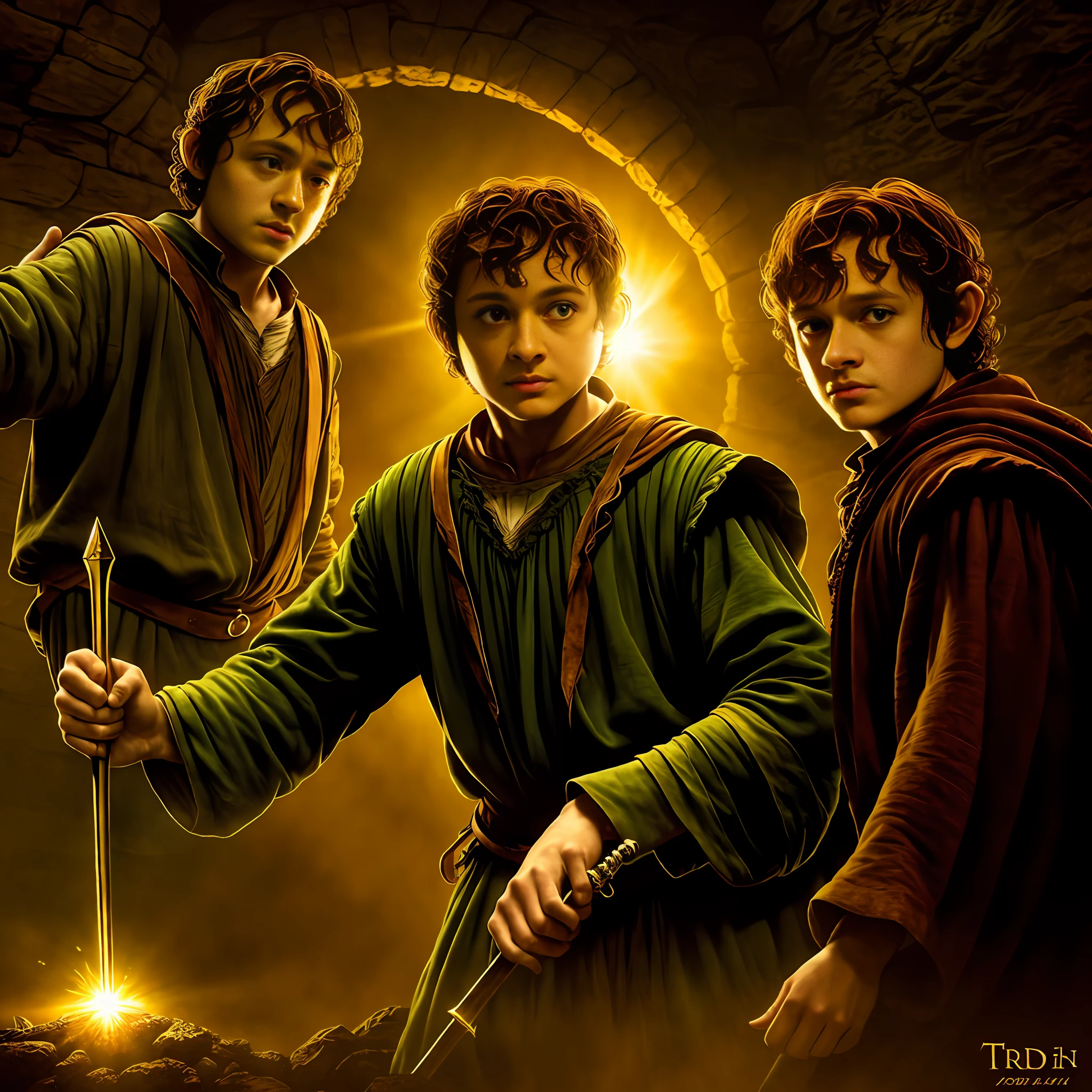 (Frodo and Torin:1.3), oak shield, brown leather suit, dark mine, gold, beautiful light, vivid scene, atmospheric, dynamic angle, high resolution.