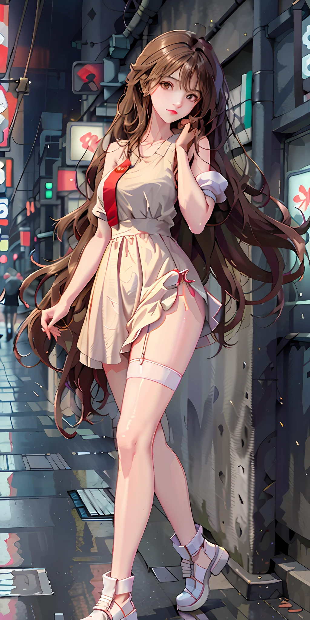 (Best quality, masterpiece: 1.3), 1 girl, rainy day, fog, alley, umbrella, looking at the audience, facing the photo, cyberpunk city, alone in an alley, neon lights in an alley, very reflective city, long hair, large and small strands of hair through an alley, bar, japan, Tokyo, garter belt on one leg, knee pads on the other, perfect hands, sophisticated, night, dress, shorts, tank top, white clothes
