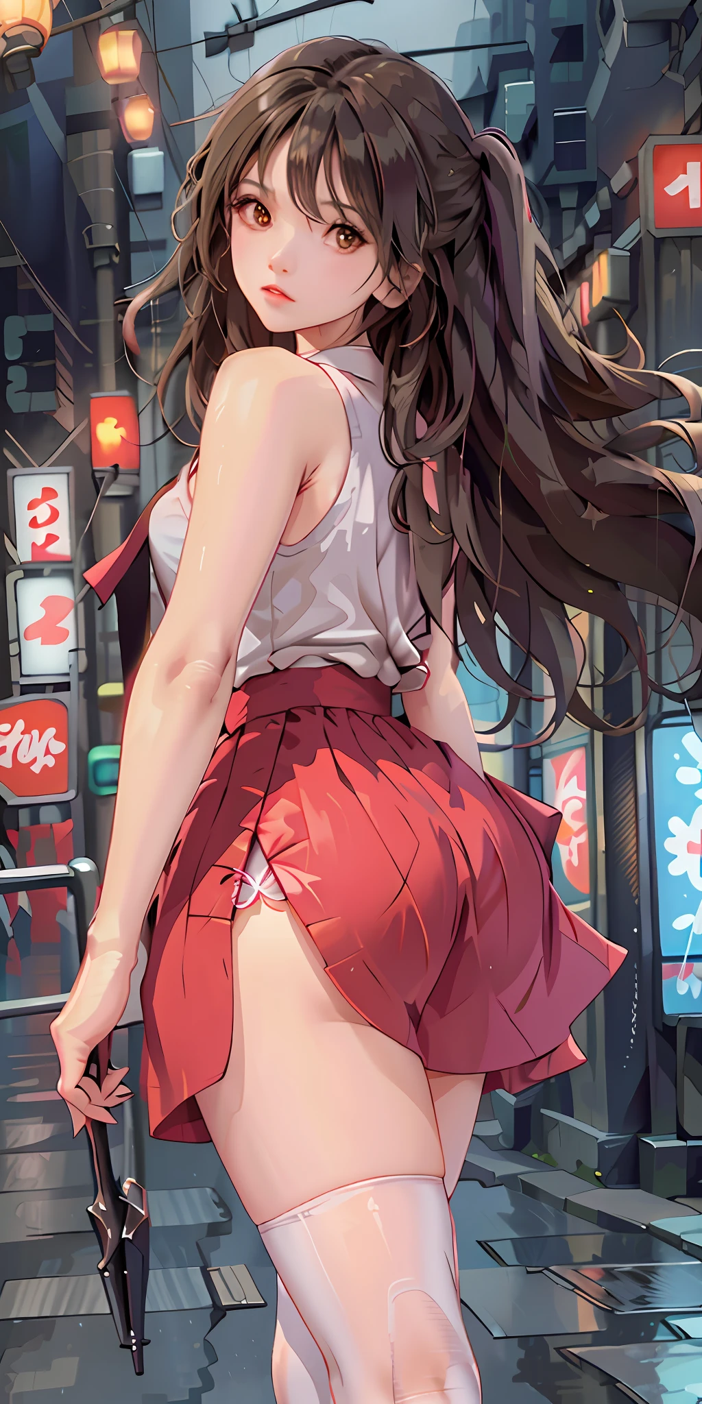 (Best quality, masterpiece: 1.3), 1 girl, rainy day, fog, alley, umbrella, looking at the audience, facing the photo, cyberpunk city, alone in an alley, neon lights in an alley, very reflective city, long hair, large and small strands of hair through an alley, bar, japan, Tokyo, garter belt on one leg, knee pads on the other, perfect hands, sophisticated, night, dress, shorts, tank top, white clothes