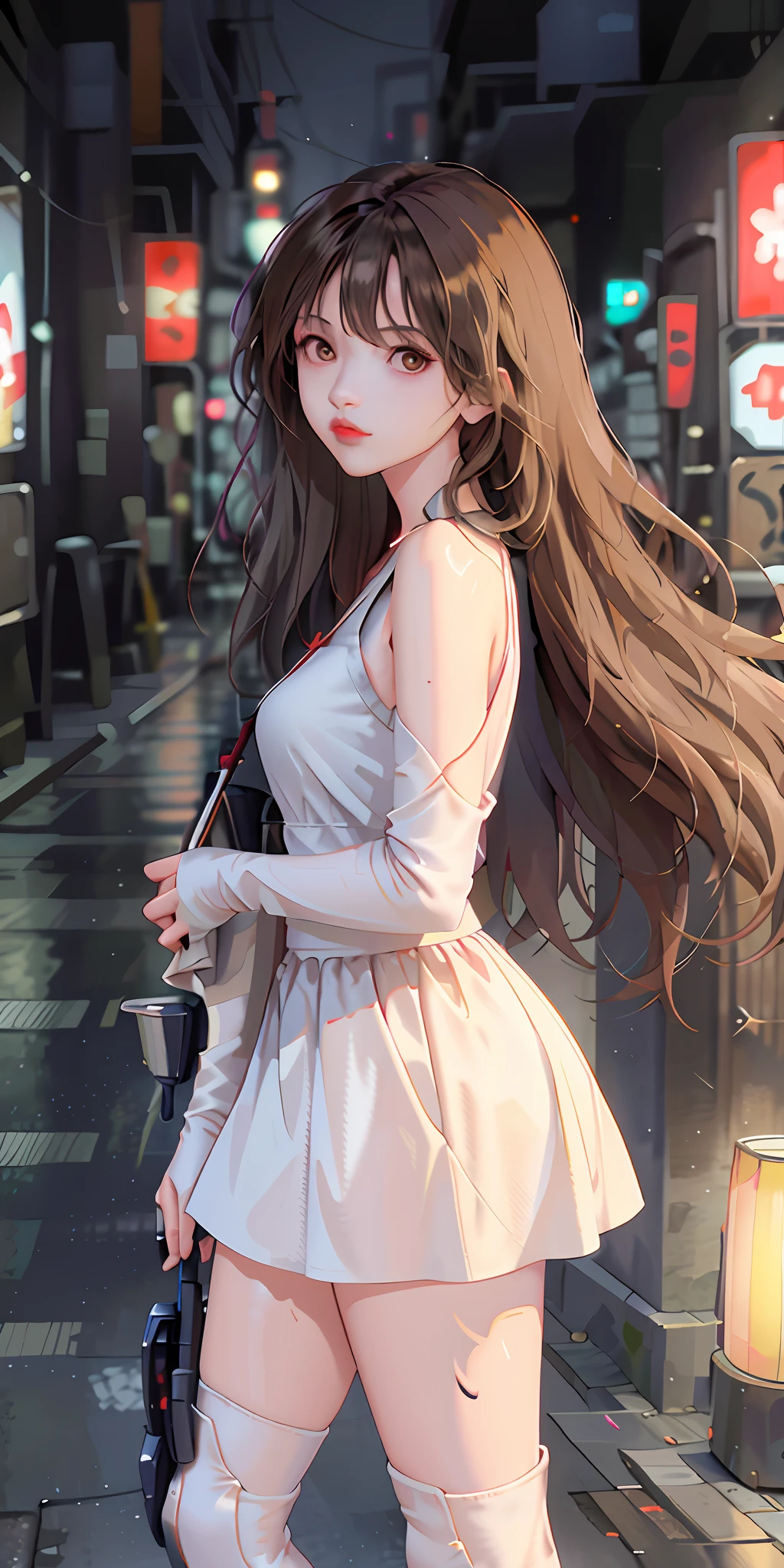 (Best quality, masterpiece: 1.3), 1 girl, rainy day, fog, alley, umbrella, looking at the audience, facing the photo, cyberpunk city, alone in an alley, neon lights in an alley, very reflective city, long hair, large and small strands of hair through an alley, bar, japan, Tokyo, garter belt on one leg, knee pads on the other, perfect hands, sophisticated, night, dress, shorts, tank top, white clothes
