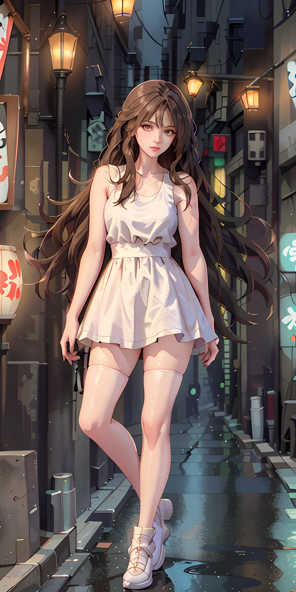 (Best quality, masterpiece: 1.3), 1 girl, rainy day, fog, alley, umbrella, looking at the audience, facing the photo, cyberpunk city, alone in an alley, neon lights in an alley, very reflective city, long hair, large and small strands of hair through an alley, bar, japan, Tokyo, garter belt on one leg, knee pads on the other, perfect hands, sophisticated, night, dress, shorts, tank top, white clothes