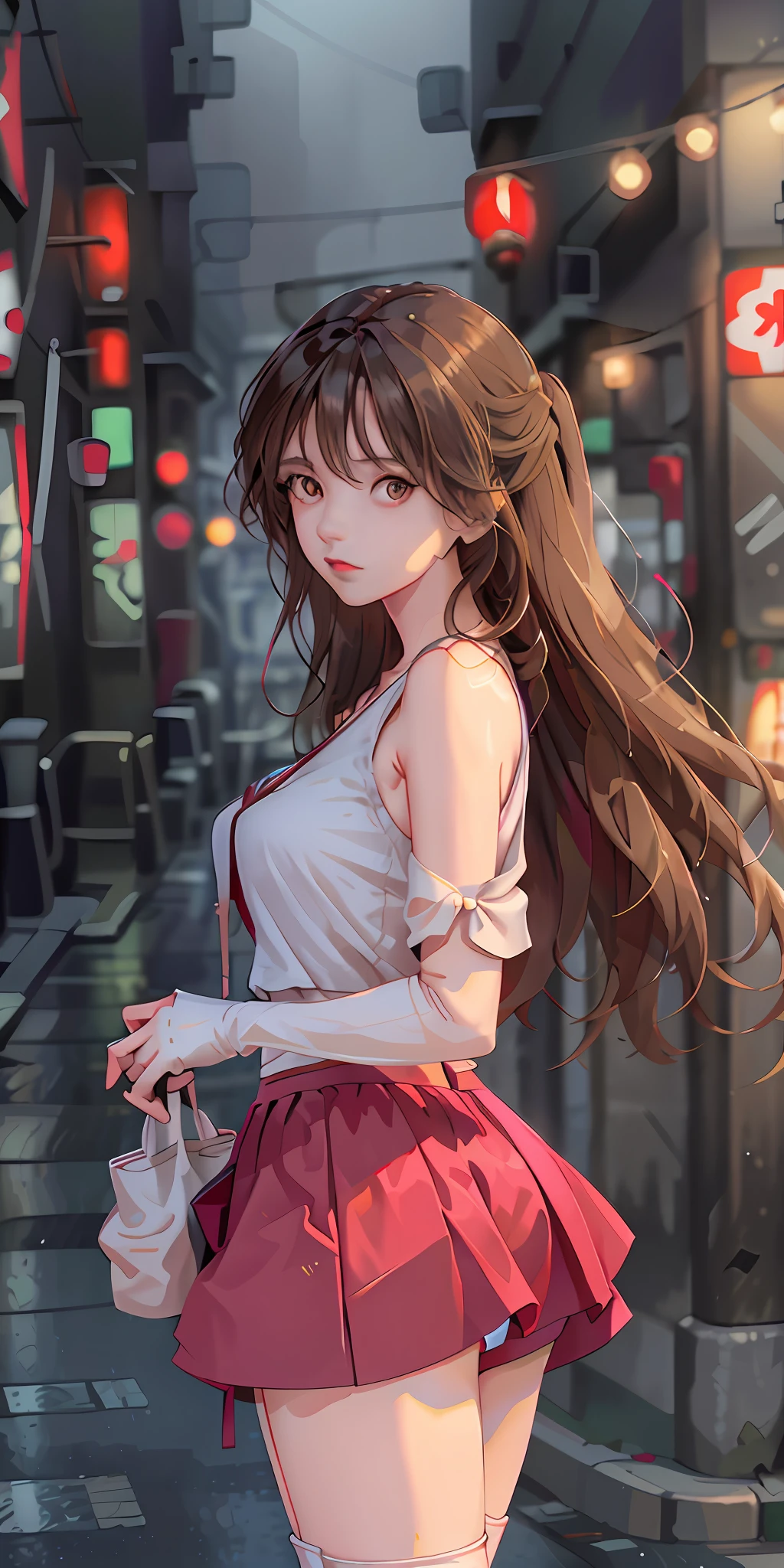 (Best quality, masterpiece: 1.3), 1 girl, rainy day, fog, alley, umbrella, looking at the audience, facing the photo, cyberpunk city, alone in an alley, neon lights in an alley, very reflective city, long hair, hair of size through an alley, bar, japan, Tokyo, garter belt on one leg, knee pads on the other, perfect hands, delicate, night, shorts, tank top, exposed chest, red clothes