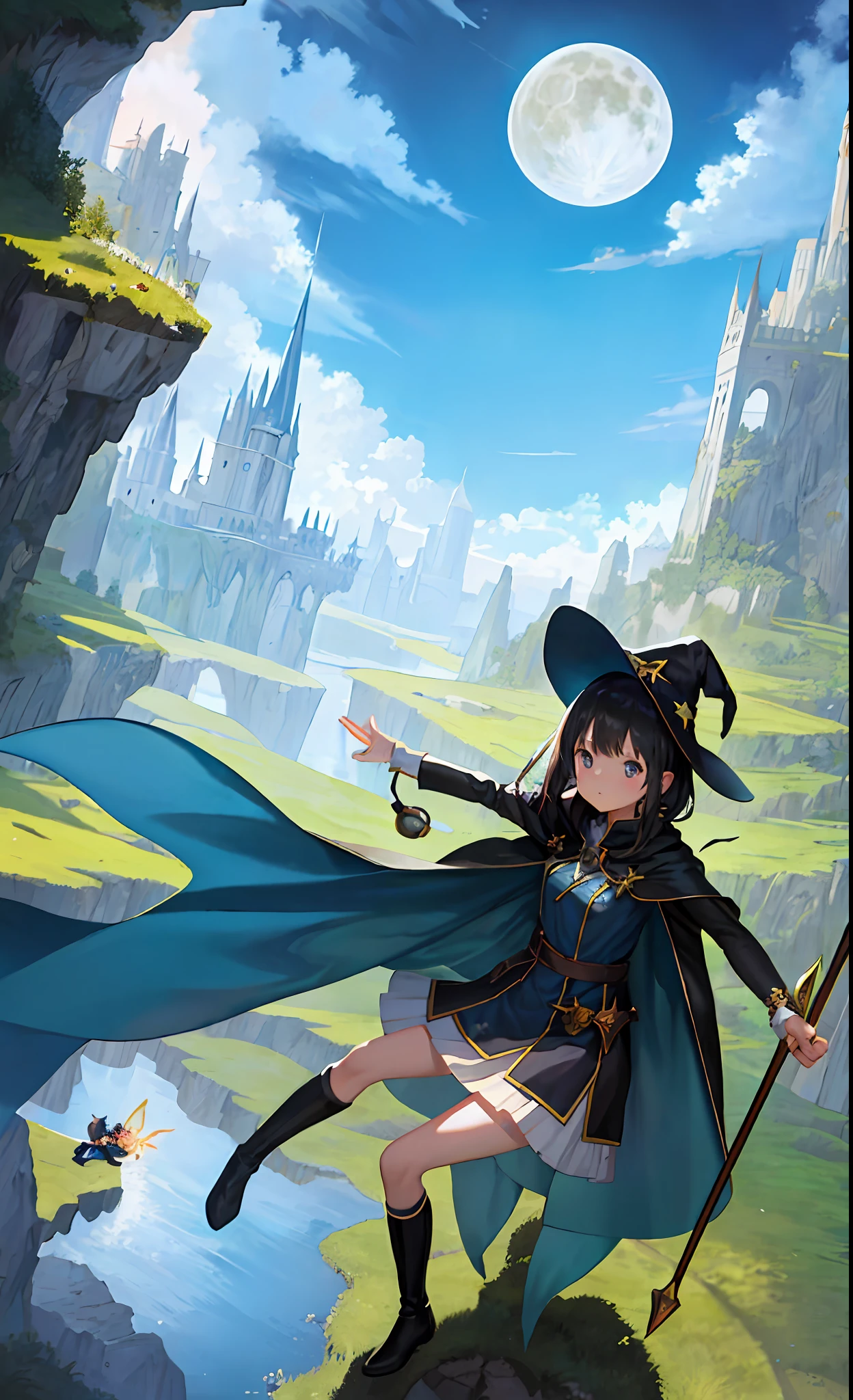 masterpiece, top quality, super detail, illustration, girl alone, solo, fantasy, flying, broomstick, night sky, outdoor, magic, spell, moon, star, cloud, wind, black hair, cloak, hat, boots, magic wand, shining, mysterious, capricious, whimsical, playful, adventurous, freedom, wonder, imagination, determination, skill, speed, movement, energy, realism, naturalistic, figurative, expressive, beauty, fantasy culture, mythology, fairy tales, folklore, legends, witches, wizards, magical creatures, fantasy world, composition, scale, foreground, middle, background, perspective, light, color, texture, detail, beauty, wonder.