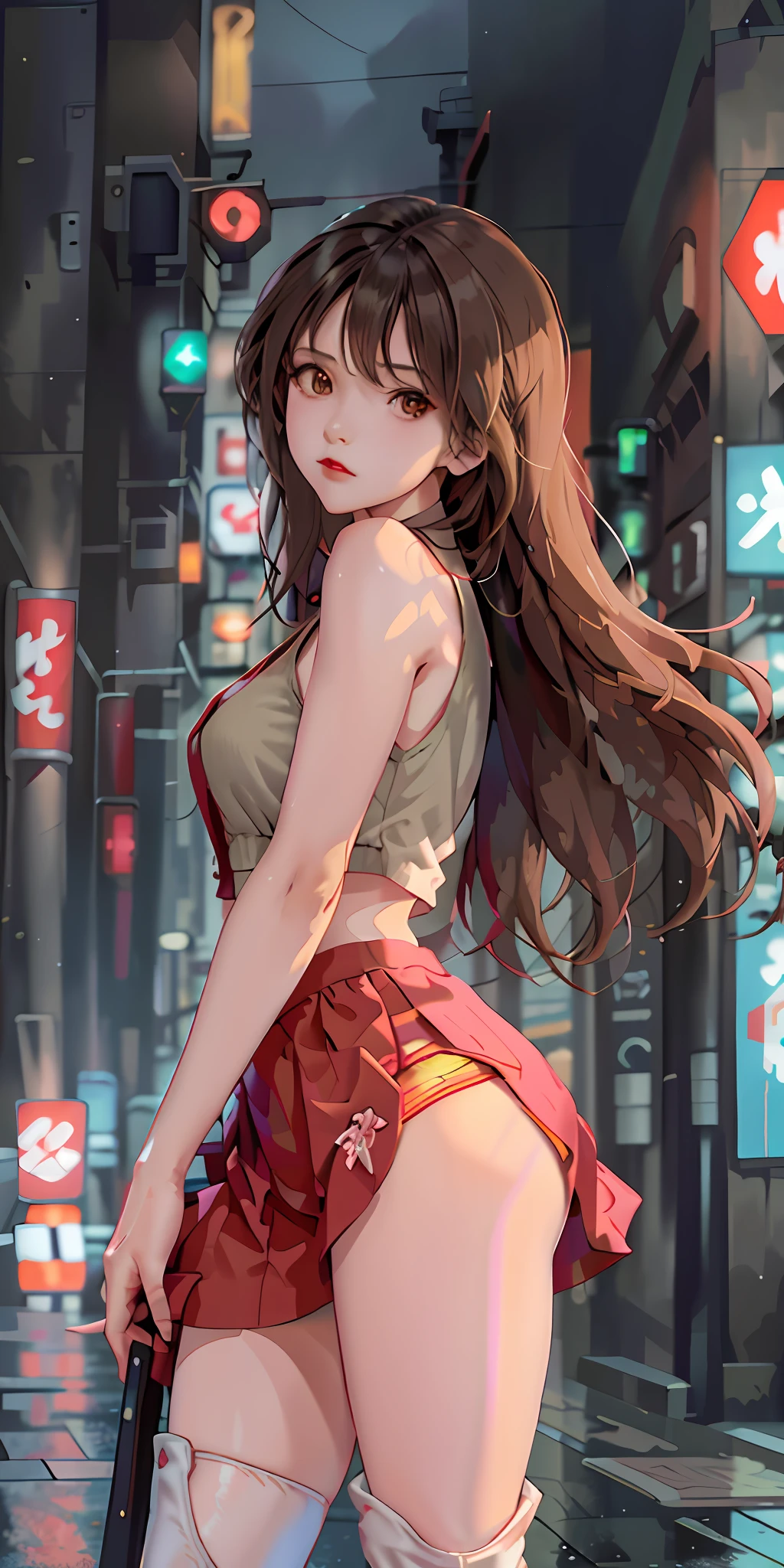 (Best quality, masterpiece: 1.3), 1 girl, rainy day, fog, alley, umbrella, looking at the audience, facing the photo, cyberpunk city, alone in an alley, neon lights in an alley, very reflective city, long hair, hair of size through an alley, bar, japan, Tokyo, garter belt on one leg, knee pads on the other, perfect hands, delicate, night, shorts, tank top, exposed chest, red clothes