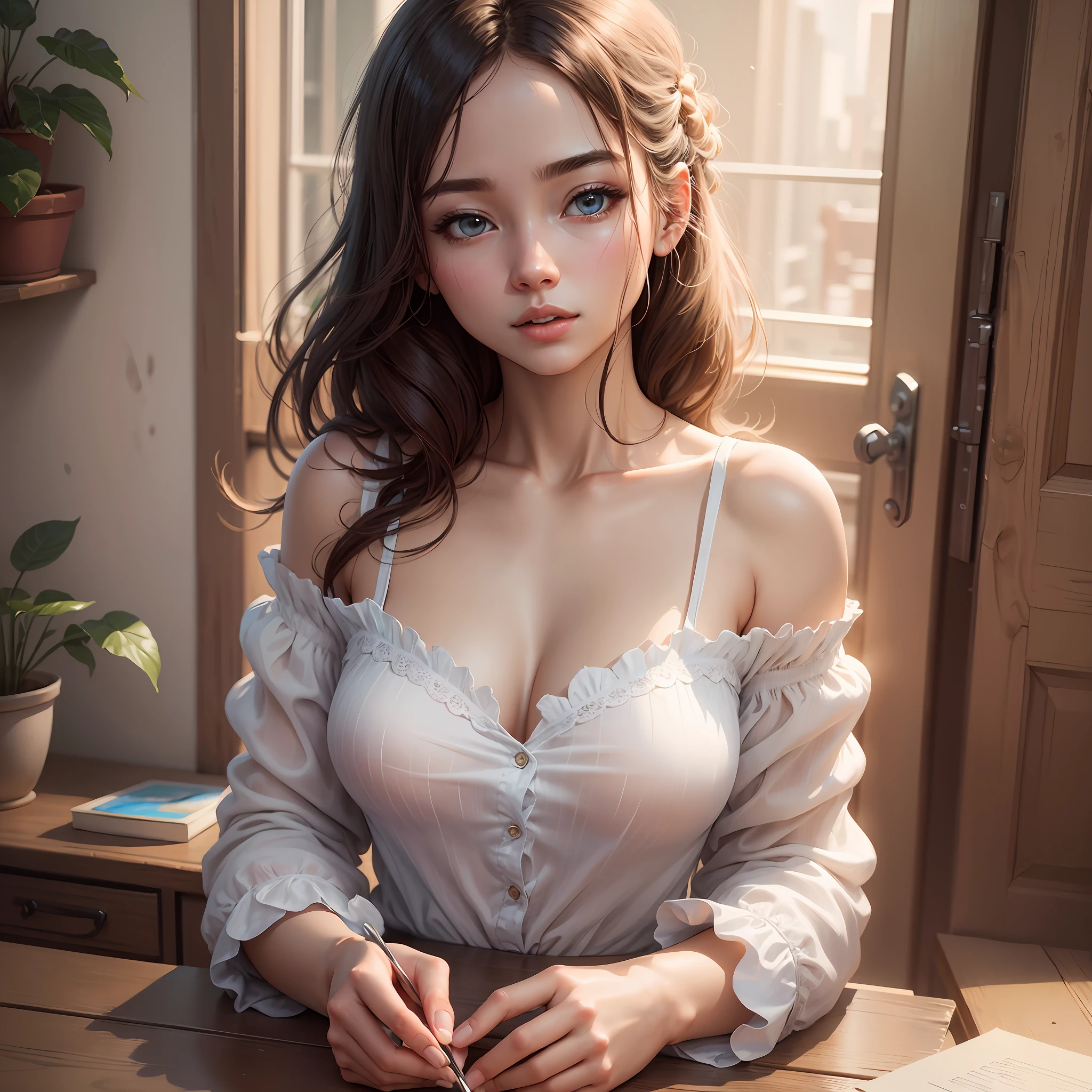 Masterpiece, best quality, high quality, very detailed CG unified 8k wallpaper, beautiful and generous 23 year old girl, delicate collarbone, sexy and charming pose, excellent texture white shirt, sky blue super shorts, high detail, dramatic, art midway --auto --s2