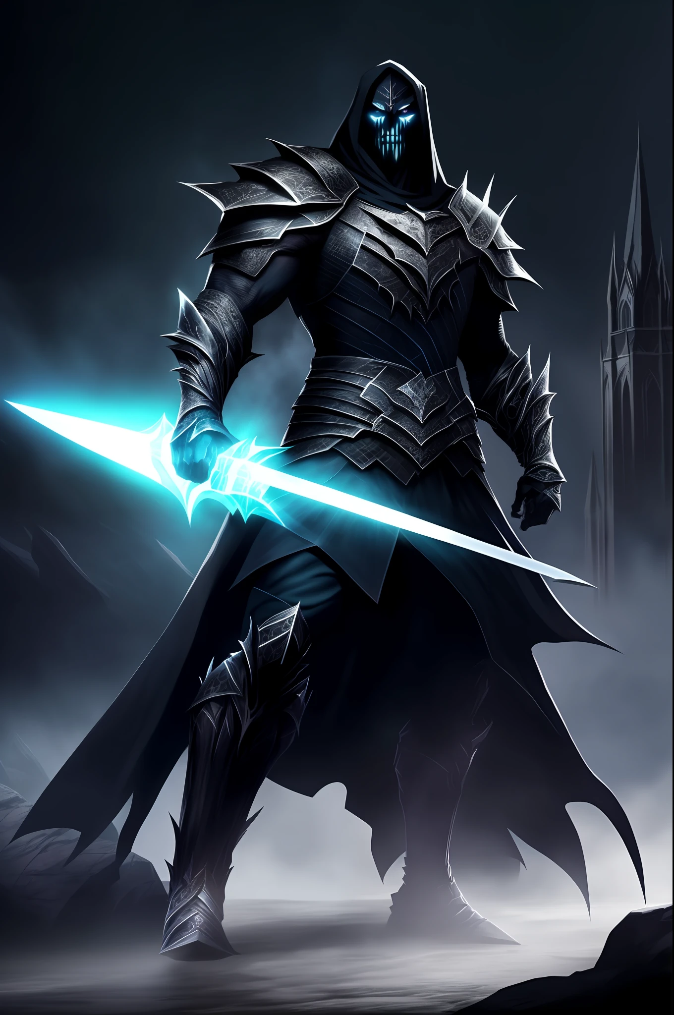 The illustration depicts Dark Blade in all its mysterious and imposing aura. He is depicted as a skilled warrior, wearing black armor adorned with silver details, which reflect light subtly. His armor is sturdy and offers imposing protection, giving him a formidable appearance.

Dark Blade is in a position of readiness, with a long, sharp sword wielded firmly in his hand. The blade of the sword is dark as night, contrasting with the light radiating from its body, which conveys a sense of balance between darkness and luminosity.

His face is partially hidden by a shadowy mask, revealing only his piercing eyes. The eyes, intense and bright, are represented with an electric blue tint, demonstrating the sharpness of his enhanced vision.

Around Dark Blade, the shadows seem to dance and envelop him, creating a mysterious and intriguing environment. The shadows are represented with dark tones and depth, contrasting with the light emanating from his body. This visual representation suggests your power to control and dominate the darkness around you.

In the background of the illustration, the scenery is composed of a dark and dramatic environment. A full, sinister moon shines in the sky, casting a pale light that highlights the outlines of the protagonist. Gothic architectural elements such as tall, pointed towers can be seen in the distance, adding a sense of mystery and dark charm to the surroundings.

The illustration of Dark Blade conveys an aura of power, mystery and determination. His imposing look and his safe posture reveal his courage and formidable skills. It is a visual representation that captures the essence of the character and his striking presence in the world he inhabits.