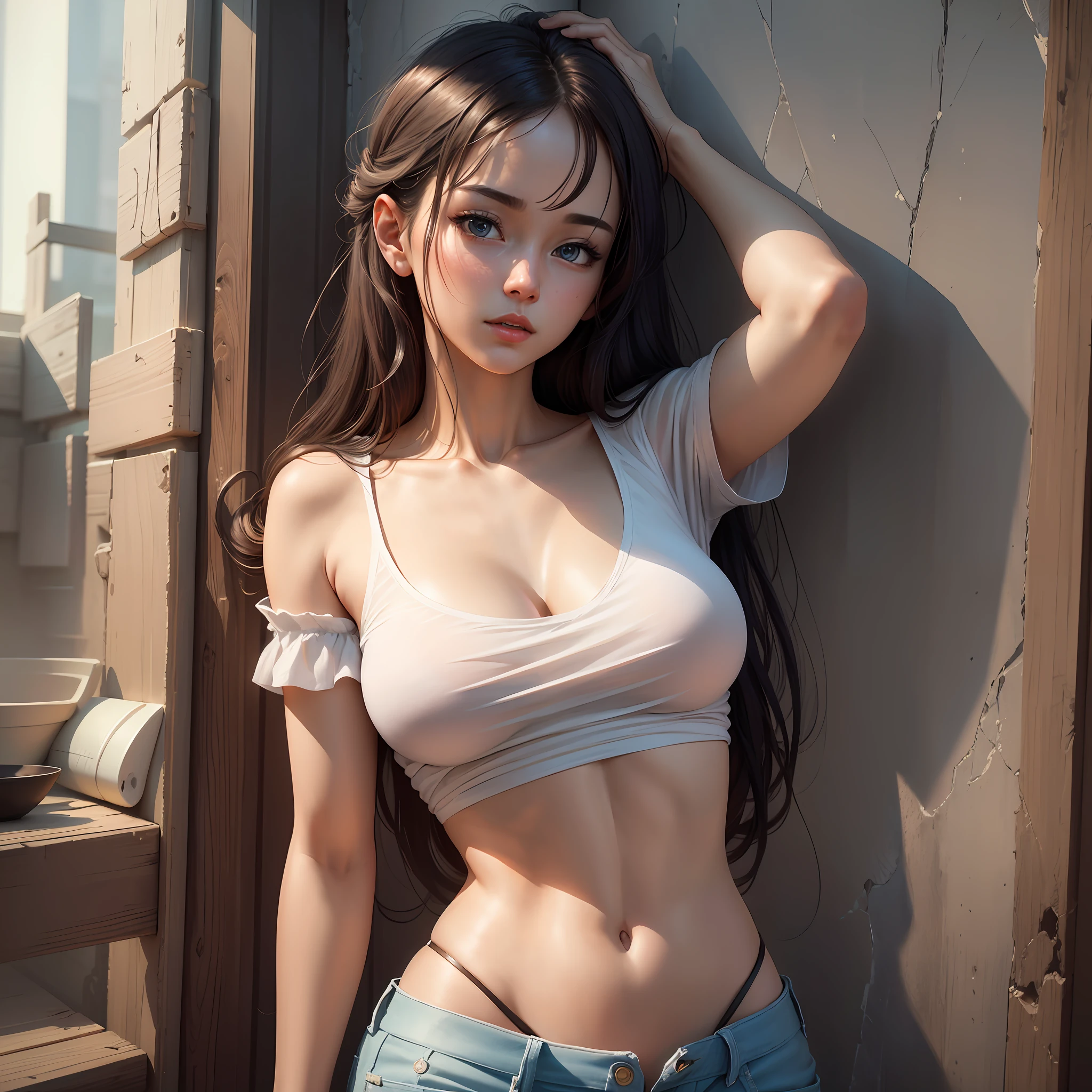 Masterpiece, best quality, high quality, very detailed CG unified 8k wallpaper, beautiful and generous 23 year old girl, delicate collarbone, sexy and charming pose, excellent texture white shirt, sky blue super shorts, high detail, dramatic, art midway --auto --s2