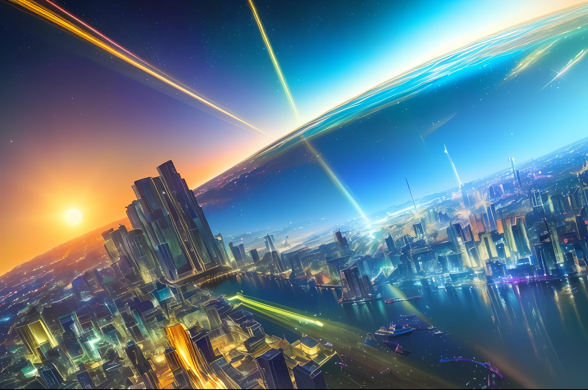 Realism style, space, galaxy, ((8K quality)), ((realism)), futuristic city, masterpiece, epic, majestic, best quality, very high resolution, 8k, hdr, digital photography, clear beautiful, iridescent, transparent, translucent, reflection, refraction, diffraction, caustic, volumetric light, volumetric shadow, (very detailed and refined: 1.2), (very detailed and beautiful: 1.2), partially backlit, ( Lighting outside the sunset frame and nearby lighting: 1.3), (realistic lighting: 1.2), (dynamic colors from lighting: 1.2), (complex details: 1.3), hyper-detailed, surreal, (sharp focus: 1.2), (SFW: 1.2),
