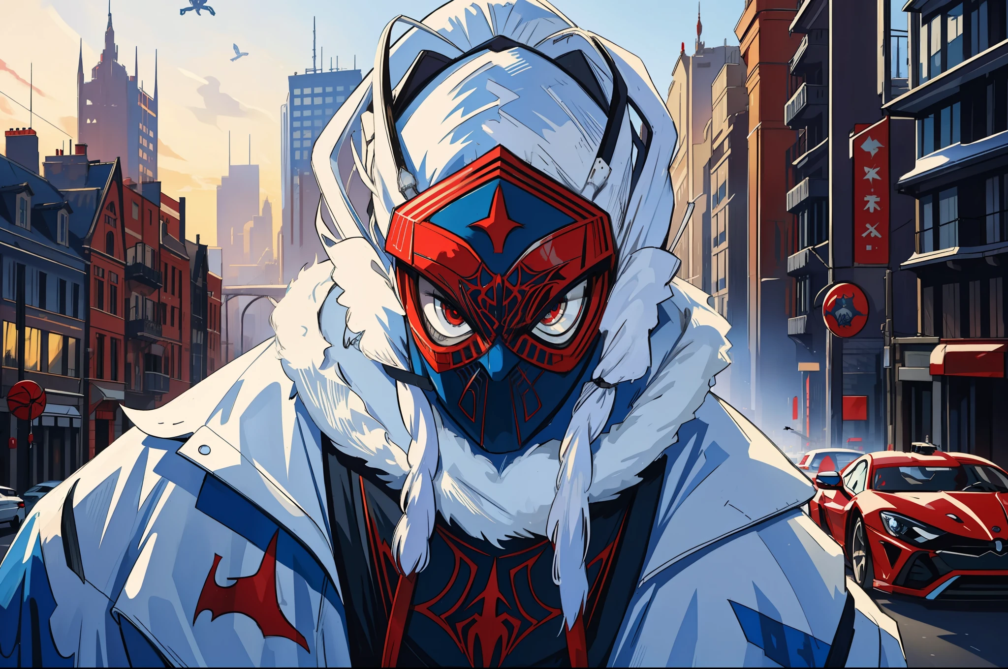 (masterpiece, best quality), intricate details, 8k, artstation, wallpaper, official art, screensaver, sharp focus,
boyish, long hair, blue tails, red eyes, white hair, 
 spider costume, web print, web,  
skyscrapers, city, buildings, cars, street,