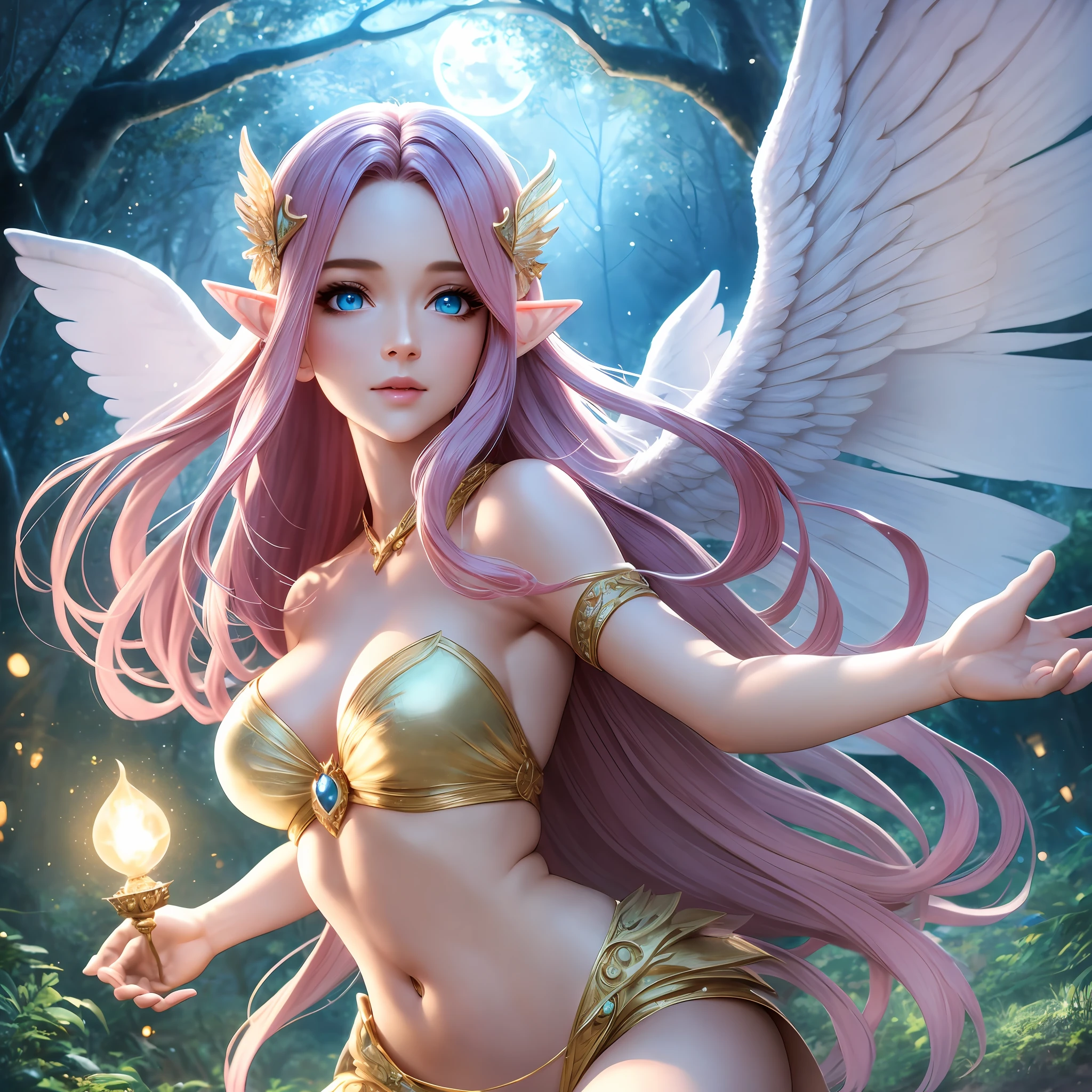 Beautiful elf angel glowing wings cute 8k, ((masterpiece)), (best quality), (detail), big beauty, cute eyes, divine beauty, natural girl, fairy floating in the clouds, fog. dream realistic images Realistic actress, beautiful face, blue eyes, long floating pink gold hair. Highly detailed hair line, soft, beautiful skin color, whole body, long legs, long hands, perfect body. With little big wings, glowing translucent, flying above on the blue magic pool In the middle of the deep forest, in the middle of the night, in the moonlight. --auto --s2