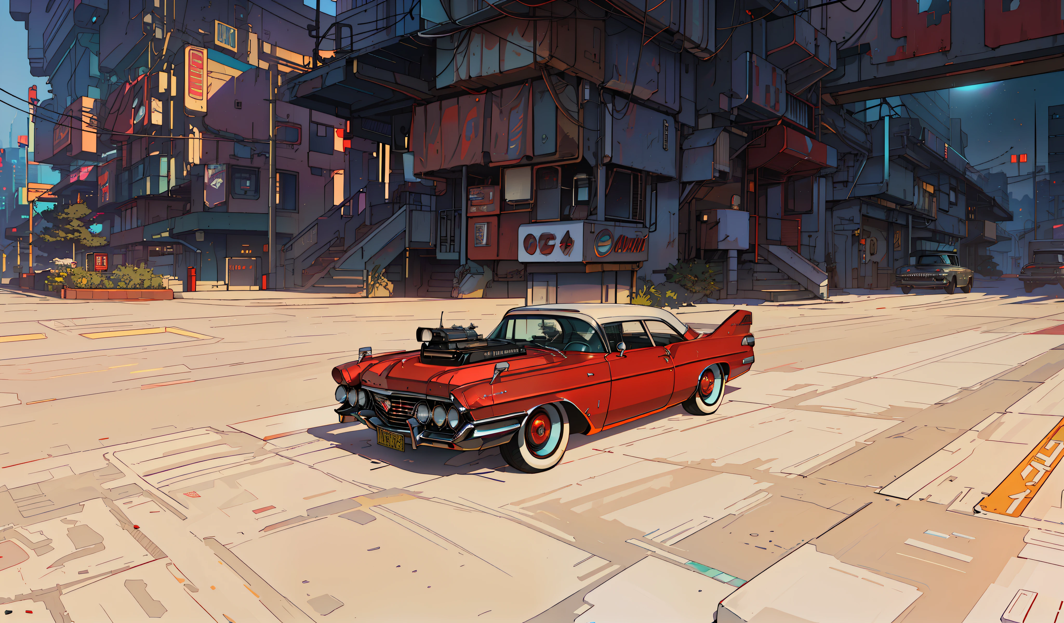 (Masterpiece)+, (Best Quality)+, (Complex Detail)+, cyberpunk car, matte paint, (white roof), showroom concept, lens flare, camera artifact, professional photographer, 4k, HDR, longitudinal symmetry, retro car, red backlight under the car, haze, car rides on the viewer, Cadillac 1959, open air intake, white stripe of the whole body,