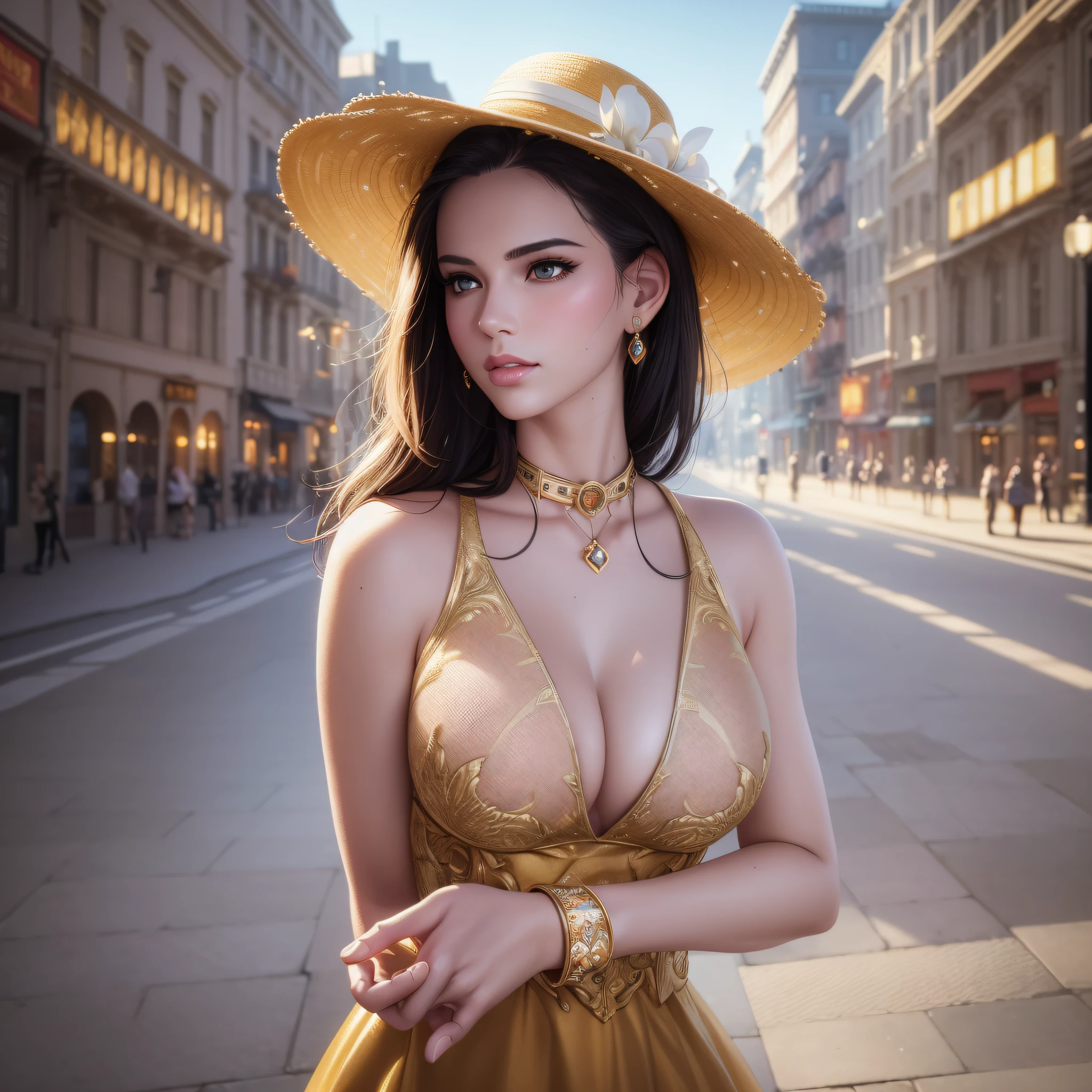 A beautiful young woman facing wearing a yellow canary erotic dress, white collar collar and white leather bracelets((transparent fabric)),(masterpiece: 1.1), (best quality: 1.1), (anatomically correct: 1.1), (perfect hands: 1.1), ( (Face detail: 1.3)), (Skin detail), (Perfect eyes), (Perfect nose), (Realistic), Octane rendering, Sharp focus, (8k), (4k), (Masterpiece), (Best quality), ((Huge lips: 1,3)), detailed background, art by artgerm and Greg Rutkowski, cinematic lighting, 8k --auto --s2