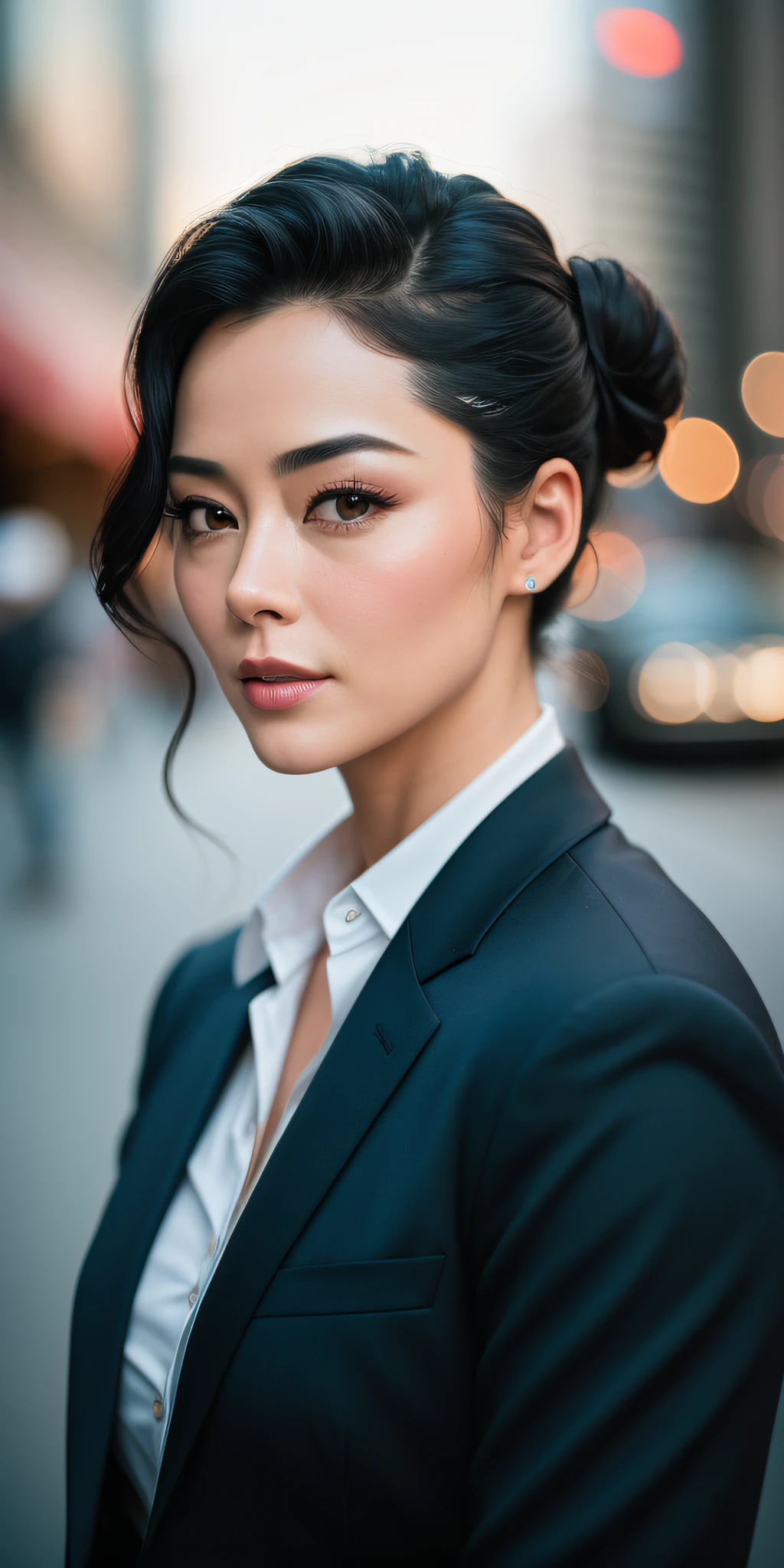 Full face portrait photo of a 45-year-old woman, RAW, Fan Bing Bing, Kristen Kreuk, Chloe Bennet, beautiful woman, dimples, (short black hair ted in bun), ((detailed face)), ((detailed facial features)), (finely detailed skin), pale skin, wearing blue suit jacket, white shirt, blue pants, urban environment, (cool colors), damp, damp, reflections, (masterpiece) (perfect proportion)(realistic photo)(best quality) (detailed) shot on a Canon EOS R5, 50mm lens, F/2.8, HDR, (8k) (wallpaper) (cinematic lighting) (dramatic lighting) (sharp focus) (intricate), RAW photo, RAW photo, gigachad photo, posing for camera, back arms, 8k uhd, dslr, high quality, grain film, Fujifilm XT3, film stock photography 4 kodak portra 400 camera f1.6 lens rich colors hyper realistic texture dramatic lighting unrealengine trend in artstation cinestill 800 tungsten, toughboy style, ultra focus face, intimidating, muscular,