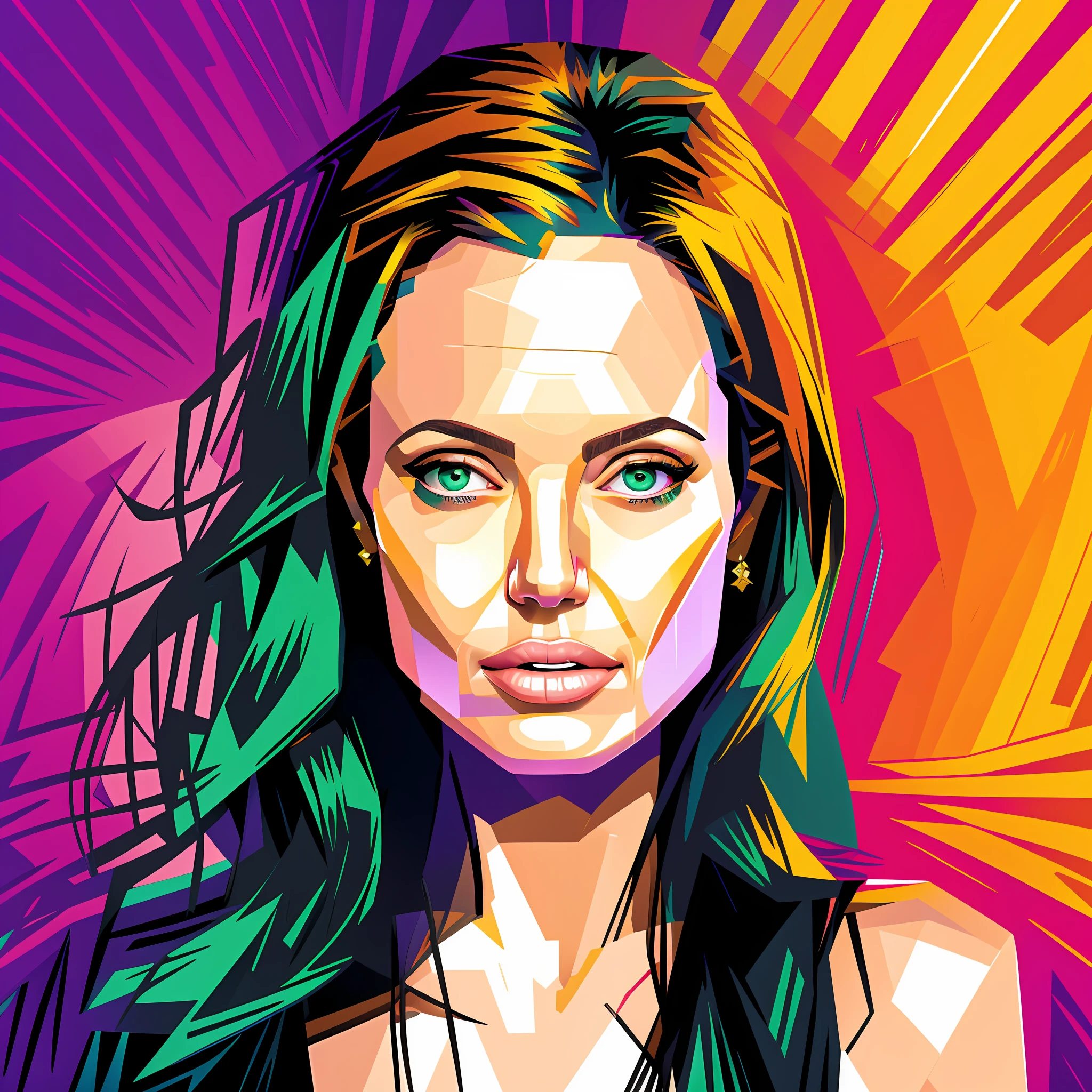 A closeup of a painting of a woman, Portrait of angelina jolie, WPAP, Color film art, angelina jolie, Vector Art Style, "angelina jolie, Vector Art, Vibrant Fan Art, Face of angelina jolie, Multicolored vector art, in digital illustration style, Art by Alessandro Pautasso, Masterpiece of art