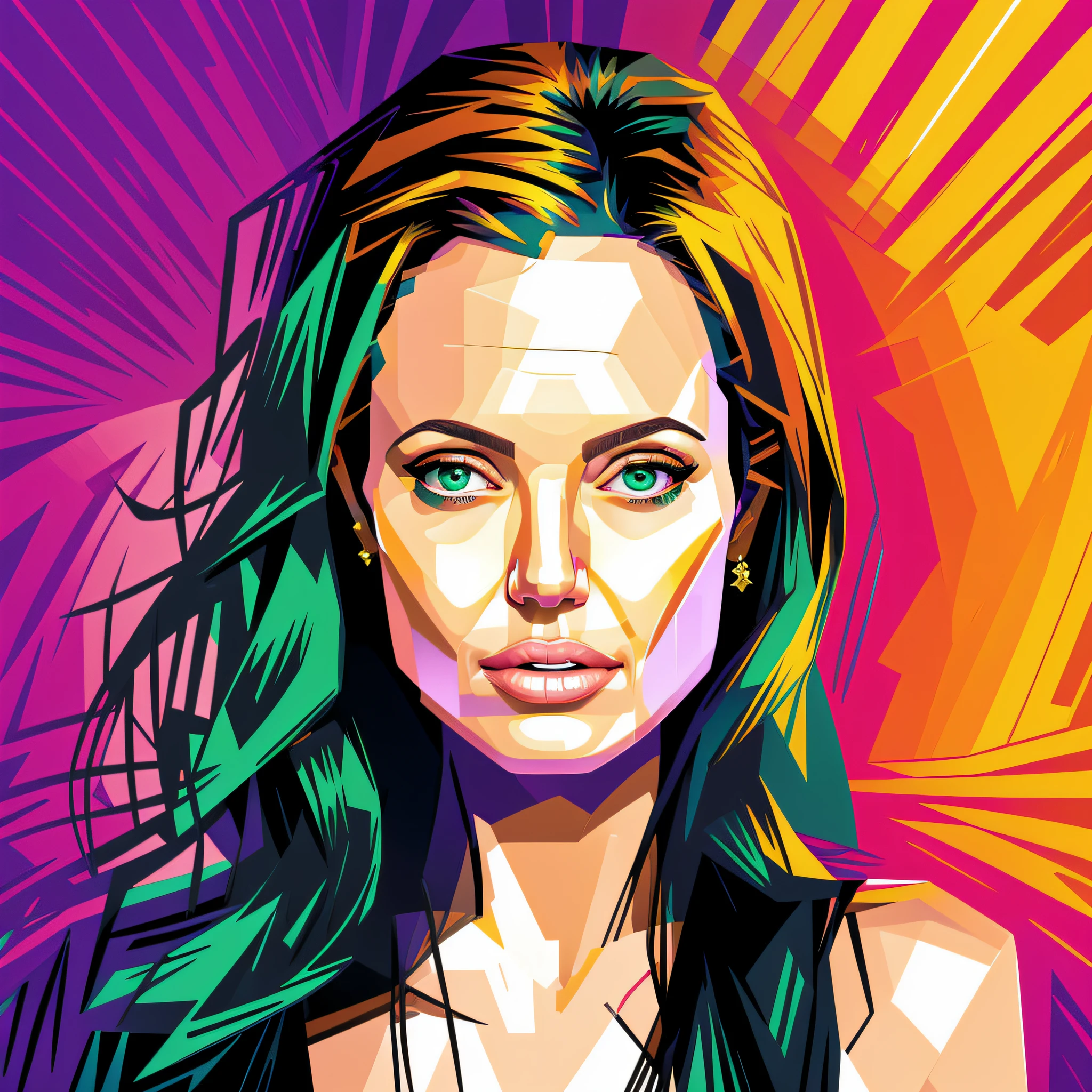 A closeup of a painting of a woman, Portrait of angelina jolie, WPAP, Color film art, angelina jolie, Vector Art Style, "angelina jolie, Vector Art, Vibrant Fan Art, Face of angelina jolie, Multicolored vector art, in digital illustration style, Art by Alessandro Pautasso, Masterpiece of art