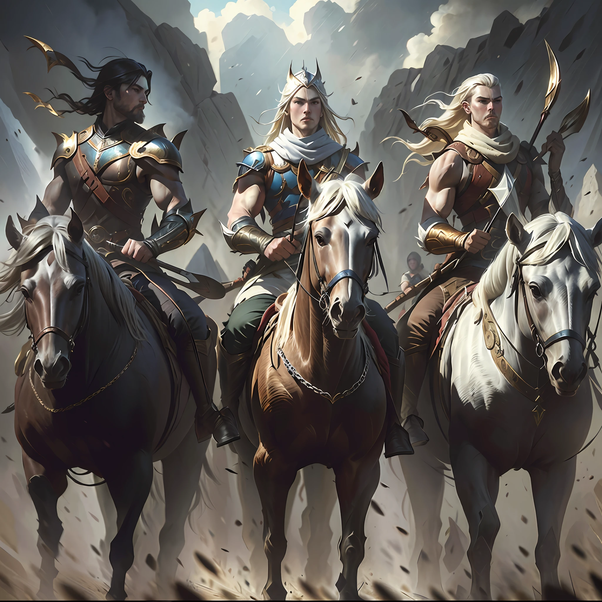 Three Russian heroes on horseback in the steppe are dressed in chain mail and with weapons + a picture of heroes + artist Viktor Mikhailovich Vasnetsov + canvas, oil + The painting depicts three heroes - Dobrynya Nikitich, Ilya Muromets and Alyosha Popovich (the main characters of Russian epics). In the middle, on a black horse, Ilya Muromets, looks into the distance from under the palm of his hand, in one hand the hero has a spear and a shield, in the other a damask club. On the left, on a white horse, Dobrynya Nikitich takes out a sword-treasurer from its scabbard, ready to rush into battle at any moment. On the right side of a brown horse is Alyosha Popovich, holding a bow and arrow in his hands. Compared to his comrades, he is young and slim. Alyosha Popovich has a quiver on his side. On the other side he has a harp. Three heroes stand on a wide plain, turning into low hills, in the middle of withered grass and occasionally peeping small Christmas trees. The sky is cloudy and alarming, which means that the danger threatens the heroes. --auto --s2
