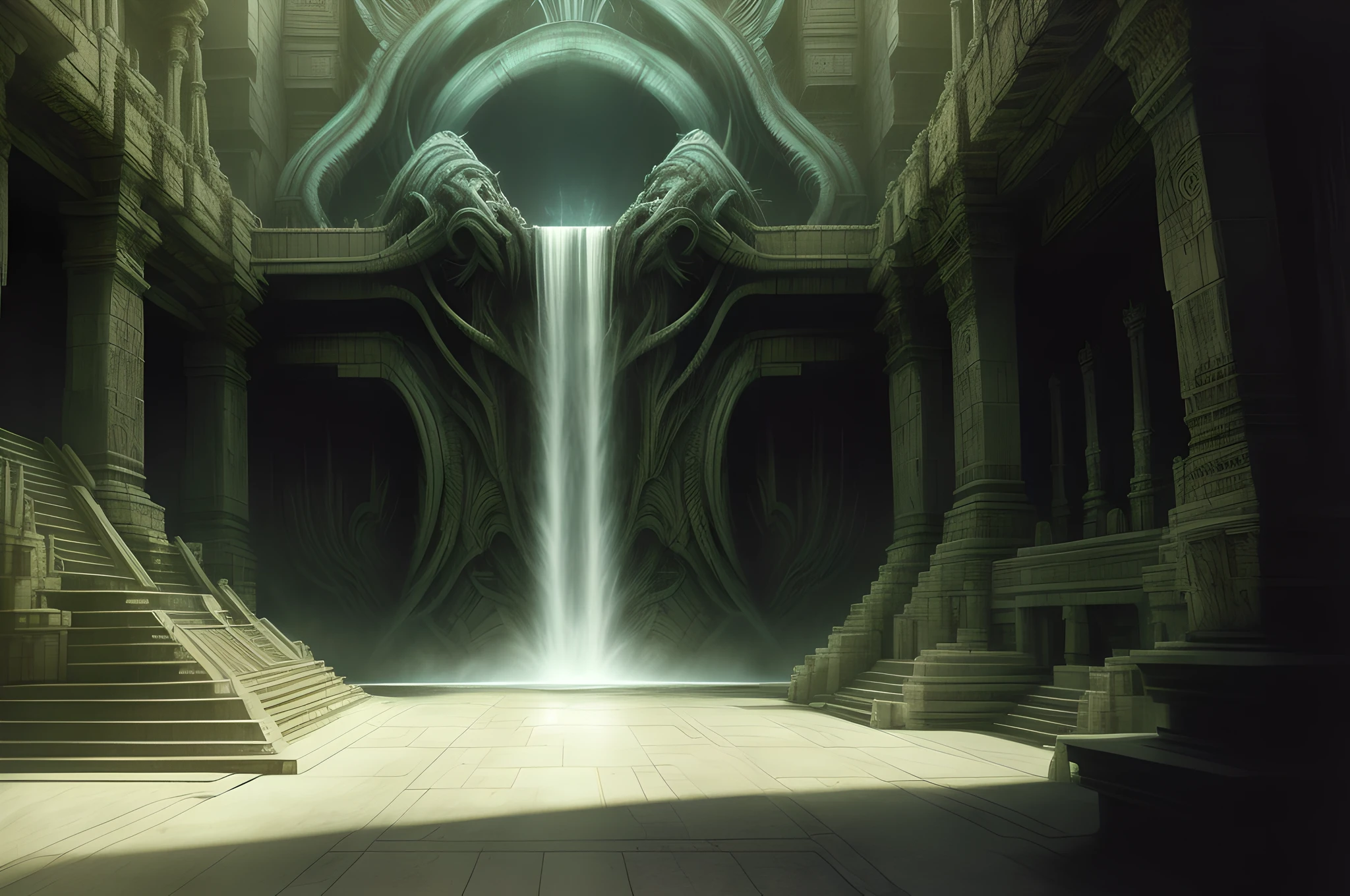 arafed view of a large waterfall flowing down a long hallway, ancient biomechanical temple, giger background liminal void, ornate giger background, exterior of scifi temple, stunning concept art, alien waterfall, brutalist waterfall environment, infinity blade concept art, highly realistic concept art, art of hans ruedi giger, mystical sci-fi concept art