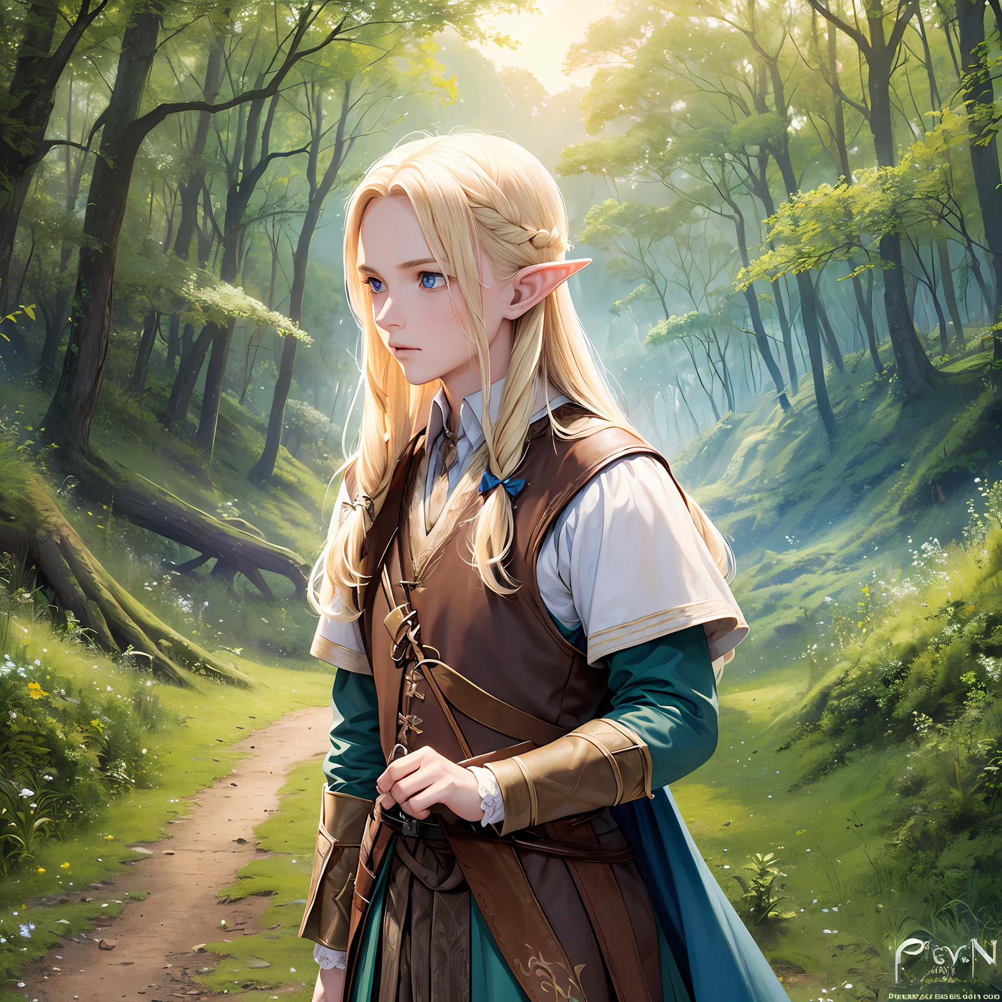 (realistic photo by principe legolas1.2+high-resolution landscape digital art:1.1), melancholy, blond-haired elf, pointy ears, blue eyes, high-quality bow, elegant clothes, looking at the horizon, setting sun, dense forest, elven landscape of dreams. --auto --s2