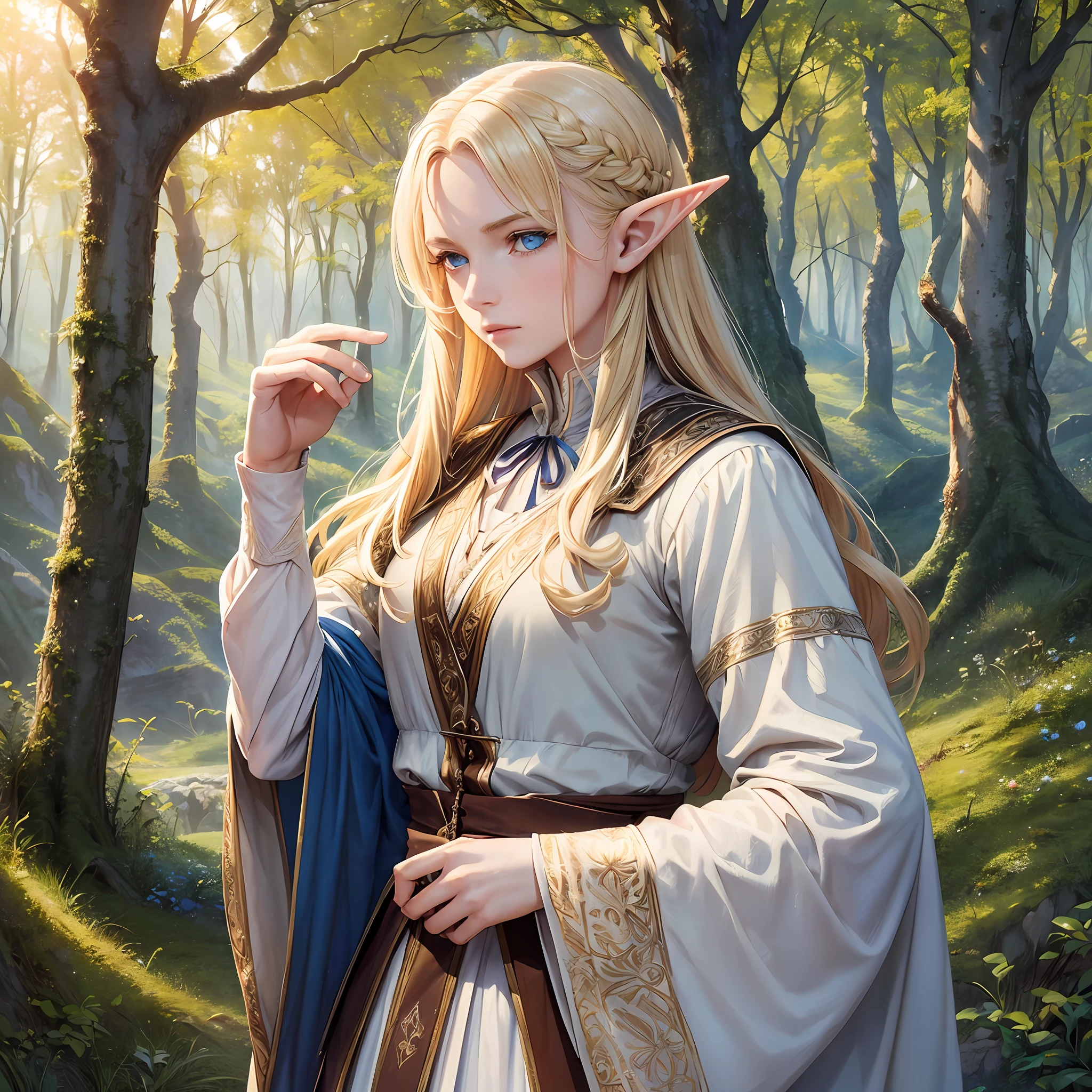 (realistic photo by principe legolas1.2+high-resolution landscape digital art:1.1), melancholy, blond-haired elf, pointy ears, blue eyes, high-quality bow, elegant clothes, looking at the horizon, setting sun, dense forest, elven landscape of dreams. --auto --s2