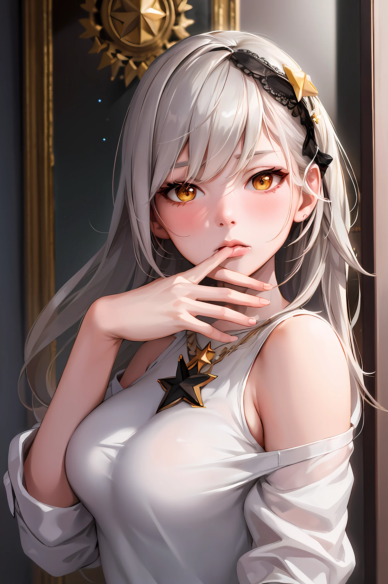 (photorealistic:1.4), (masterpiece, sidelighting, finely detailed beautiful eyes: 1.2), masterpiece*portrait, realistic, 3d face, Stelle \(honkai star rail\), 1girl, white oversize T-shirt, half shoulder, universe, rail, bangs, (grey hair), yellow dreamy eyes, blush, shy, lustful eyes, medium long hair, looking at viewer, gasp, hand cover mouth, medium breasts