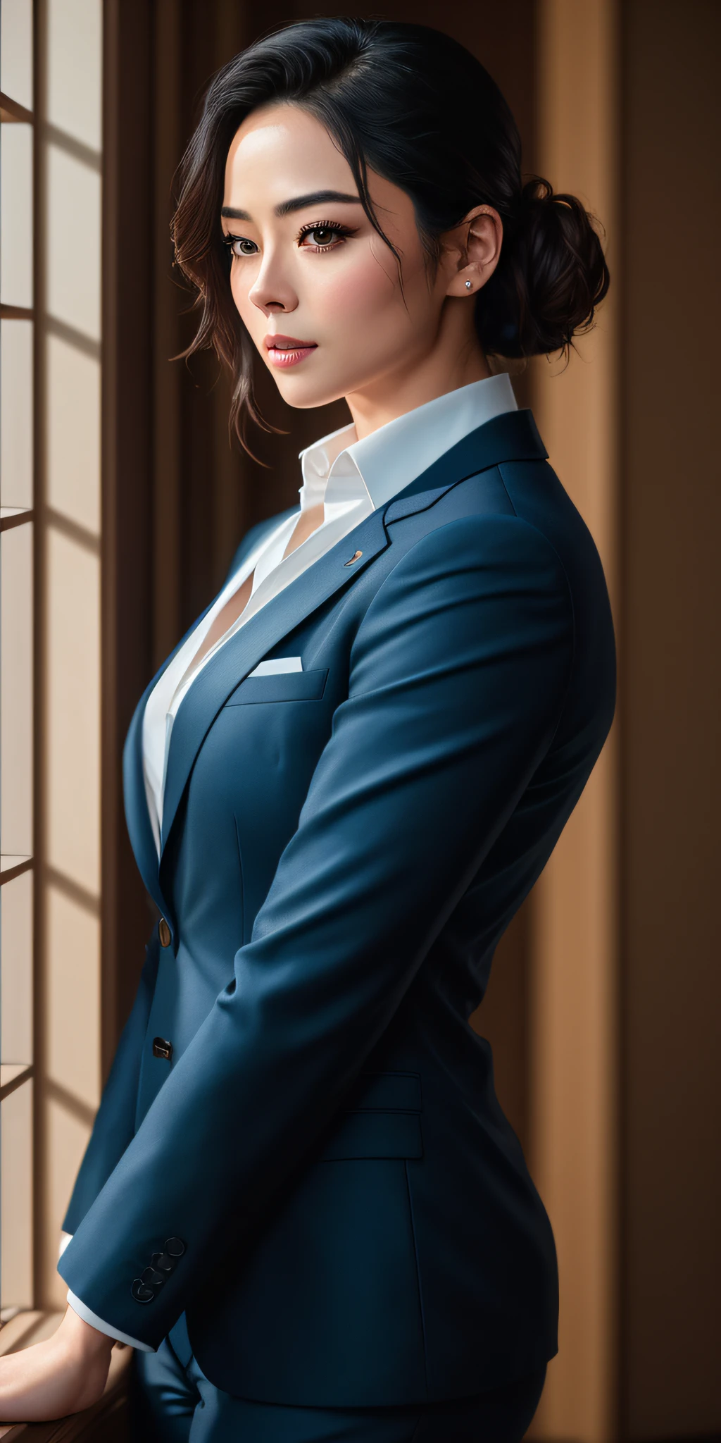 Full face portrait photo of a 45-year-old woman, RAW, Fan Bing Bing, Kristen Kreuk, Chloe Bennet, beautiful woman, dimples, (short black hair ted in bun), ((detailed face)), ((detailed facial features)), (finely detailed skin), pale skin, wearing blue suit jacket, white shirt, blue pants, office environment, (cool colors), damp, damp, reflections, (masterpiece) (perfect proportion)(realistic photo)(best quality)  (detailed) shot on a Canon EOS R5, 50mm lens, F/2.8, HDR, (8k) (wallpaper) (cinematic lighting) (dramatic lighting) (sharp focus) (intricate), RAW photo, RAW photo, gigachad photo, posing for camera, back arms, 8k uhd, dslr, high quality, grain film, Fujifilm XT3, film stock photography 4 kodak portra 400 camera f1.6 lens rich colors hyper realistic texture dramatic lighting unrealengine trend in artstation cinestill  800 tungsten, toughboy style, ultra focus face, intimidating, muscular,