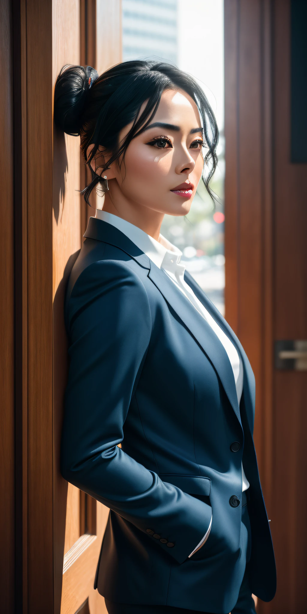 Full face portrait photo of a 45-year-old woman, RAW, Fan Bing Bing, Kristen Kreuk, Chloe Bennet, beautiful woman, dimples, (short black hair ted in bun), ((detailed face)), ((detailed facial features)), (finely detailed skin), pale skin, wearing blue suit jacket, white shirt, blue pants, office environment, (cool colors), damp, damp, reflections, (masterpiece) (perfect proportion)(realistic photo)(best quality) (detailed) shot on a Canon EOS R5, 50mm lens, F/2.8, HDR, (8k) (wallpaper) (cinematic lighting) (dramatic lighting) (sharp focus) (intricate), RAW photo, RAW photo, gigachad photo, posing for camera, back arms, 8k uhd, dslr, high quality, grain film, Fujifilm XT3, film stock photography 4 kodak portra 400 camera f1.6 lens rich colors hyper realistic texture dramatic lighting unrealengine trend in artstation cinestill 800 tungsten, toughboy style, ultra focus face, intimidating, muscular,
