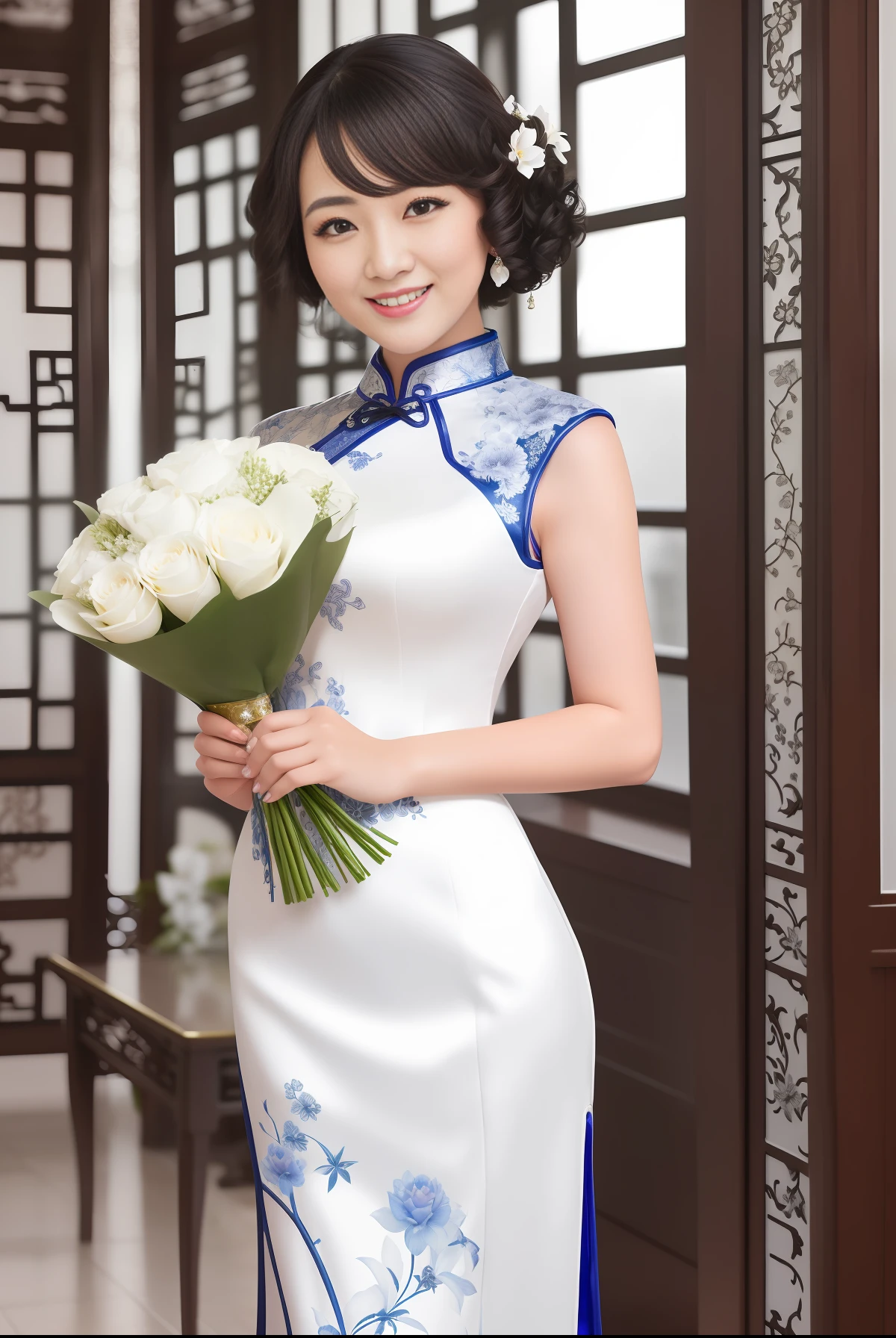 (intricately hyperdetailed gorgeous cheongsam), viewer looking at a smile, happy, curly black short hair, standing, inside the palace, holding a bouquet of white flowers