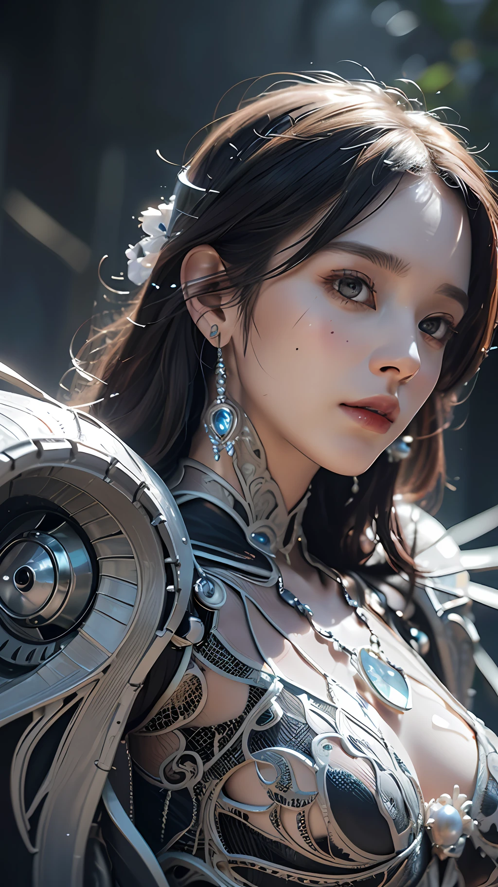 Ultra Detailed upper body HD photo of Beautiful Angel of Death, Biomechanical Robot, Intricate 3D rendering, Simulated 150mm Lens, Beautiful Natural Soft Edge Light, Neon Vein, Roots, Delicate Leaf Lace, Colored Details, Boris Bidjan Saberi Garments, Pearl Earrings, Piercings, Art Nouveau Fashion Embroidery, Intricate Details, Mesh Lines, Mandelbrot Fractal, Facial Muscles, Cables, Microchips, Surreal, Octane, Volume Lighting, 8k and post-production, red white with a touch of black, metal skeleton detailing, half-human, iridescent, Glenn Brown style, futuristic room, power of God, high angle shooting, complex body poses