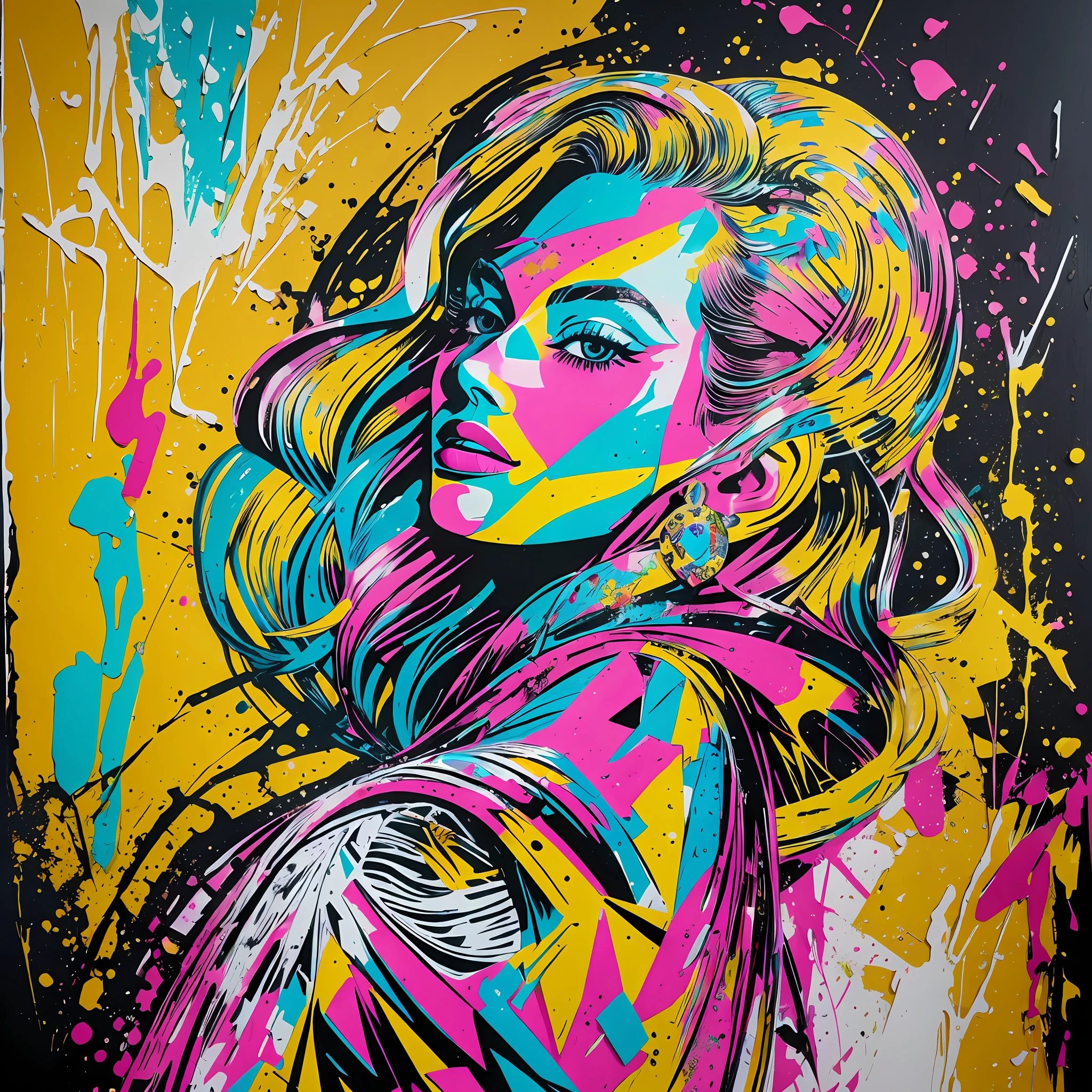 Paper textured art by Actress Margot Robbie, splatter style and colorful graffiti with vibrant colors, the Art is highlighted by the beauty of the actress, and at the same time it is mesmerizing, the vibrant colors make the art aida more beautiful --auto --s2