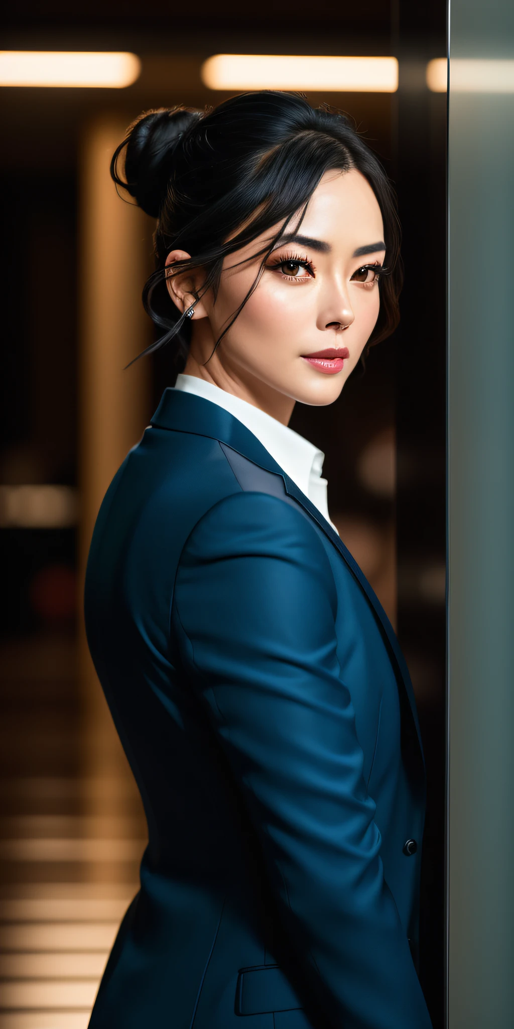 Full face portrait photo of a 45-year-old woman, RAW, Fan Bing Bing, Kristen Kreuk, Chloe Bennet, beautiful woman, dimples, (short black hair ted in bun), ((detailed face)), ((detailed facial features)), (finely detailed skin), pale skin, wearing blue suit jacket, white shirt, blue pants, office environment, (cool colors), damp, damp, reflections, (masterpiece) (perfect proportion)(realistic photo)(best quality)  (detailed) shot on a Canon EOS R5, 50mm lens, F/2.8, HDR, (8k) (wallpaper) (cinematic lighting) (dramatic lighting) (sharp focus) (intricate), RAW photo, RAW photo, gigachad photo, posing for camera, back arms, 8k uhd, dslr, high quality, grain film, Fujifilm XT3, film stock photography 4 kodak portra 400 camera f1.6 lens rich colors hyper realistic texture dramatic lighting unrealengine trend in artstation cinestill  800 tungsten, toughboy style, ultra focus face, intimidating, muscular,