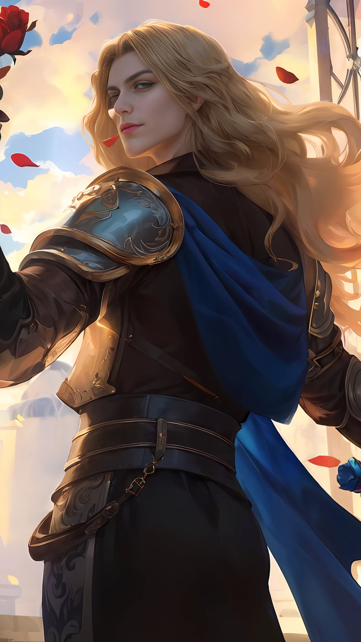 (Absurdres, Intricate Details, Masterpiece, Best Quality, High Resolution, 8k), 1 male, thin, young, aged up, masked, finely detailed eyes and face, auburn low-fade hair, amber eyes, portrait,  looking at viewer, solo, half shot, detailed background, (light fantasy theme:1.1),  focusing, mercenary,  sunshine, floating scraps,  color plate armor, divine aura, bright realistic lighting, marble castle, intense atmosphere, circlet, coat of arms,  brazier,  , Depth of Field, VFX. wear an eyepatch