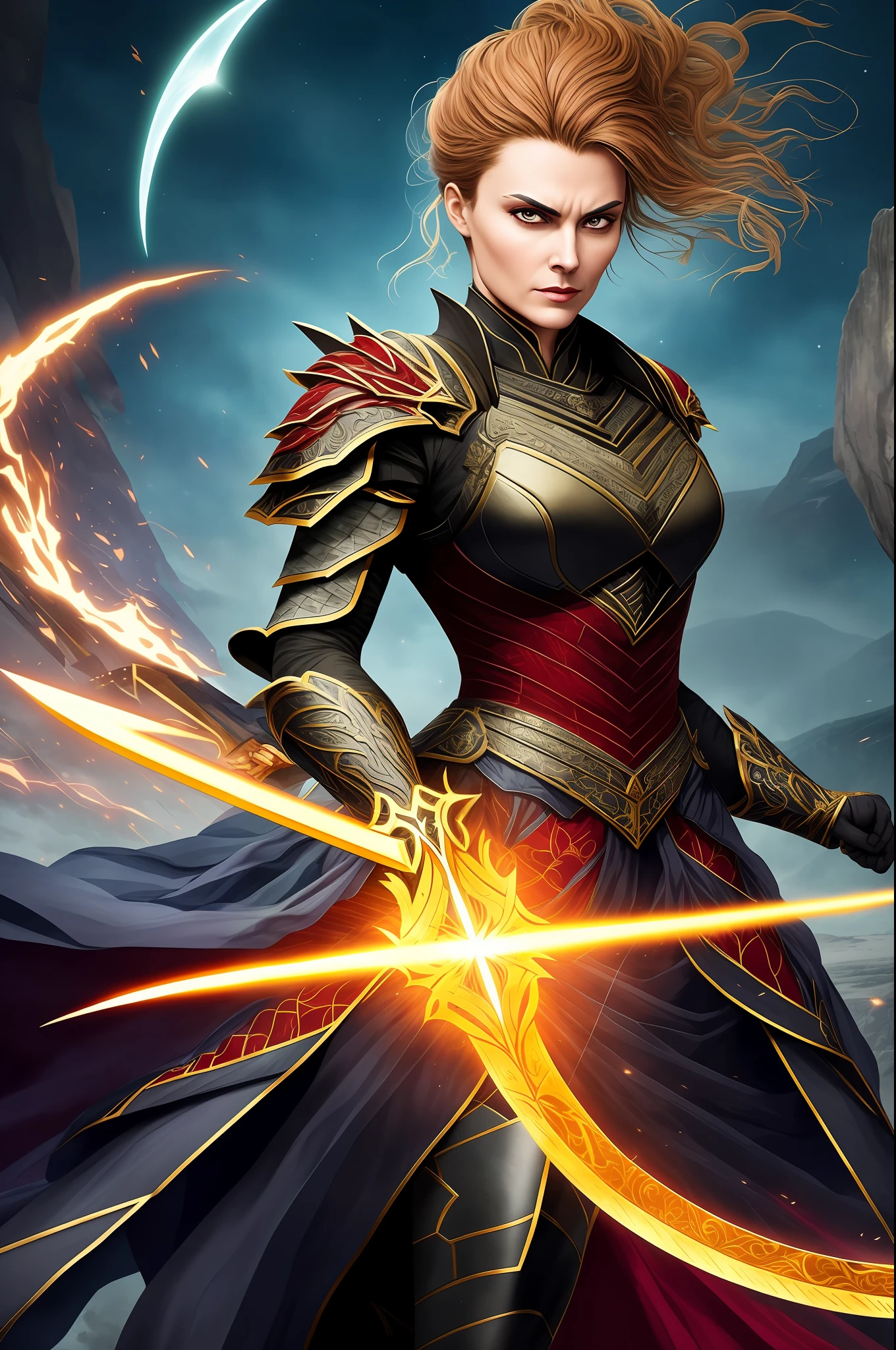 The illustration depicts Helena, the brave and determined partner of Dark Blade. She is portrayed as a graceful and powerful warrior with a captivating presence.

Dressed in elegant and practical armor, Helena exudes confidence and skill. His armor is adorned with intricate details and has contrasting color tones, combining black and red, conveying a mixture of strength and passion.

Holding a curved sword in one hand, Helena demonstrates mastery and dexterity in her handling. The blade of the sword glows with a golden aura, suggesting a touch of magic or special powers it may possess.

His face, with soft and expressive features, reveals a fierce determination and a wisdom beyond his years. His eyes are portrayed with an intense glow, reflecting his intelligence and acumen.

Around Helena, elements of nature manifest themselves, such as intertwined vineyards and wildflowers, representing her connection to life and harmony. These elements create an aura of grace and serenity around you.

In the background of the illustration, a starry and serene sky adds a touch of magic and mystery. The moon glows softly, casting a soft light that illuminates Helena's figure, highlighting her confident posture and her determined gaze.

Helena's illustration captures her essence as a fearless warrior and an inspiring leader. His imposing and elegant look conveys his courage and his commitment to justice. It is a visual representation that conveys her inner strength and the striking presence she brings to the world in which she lives.