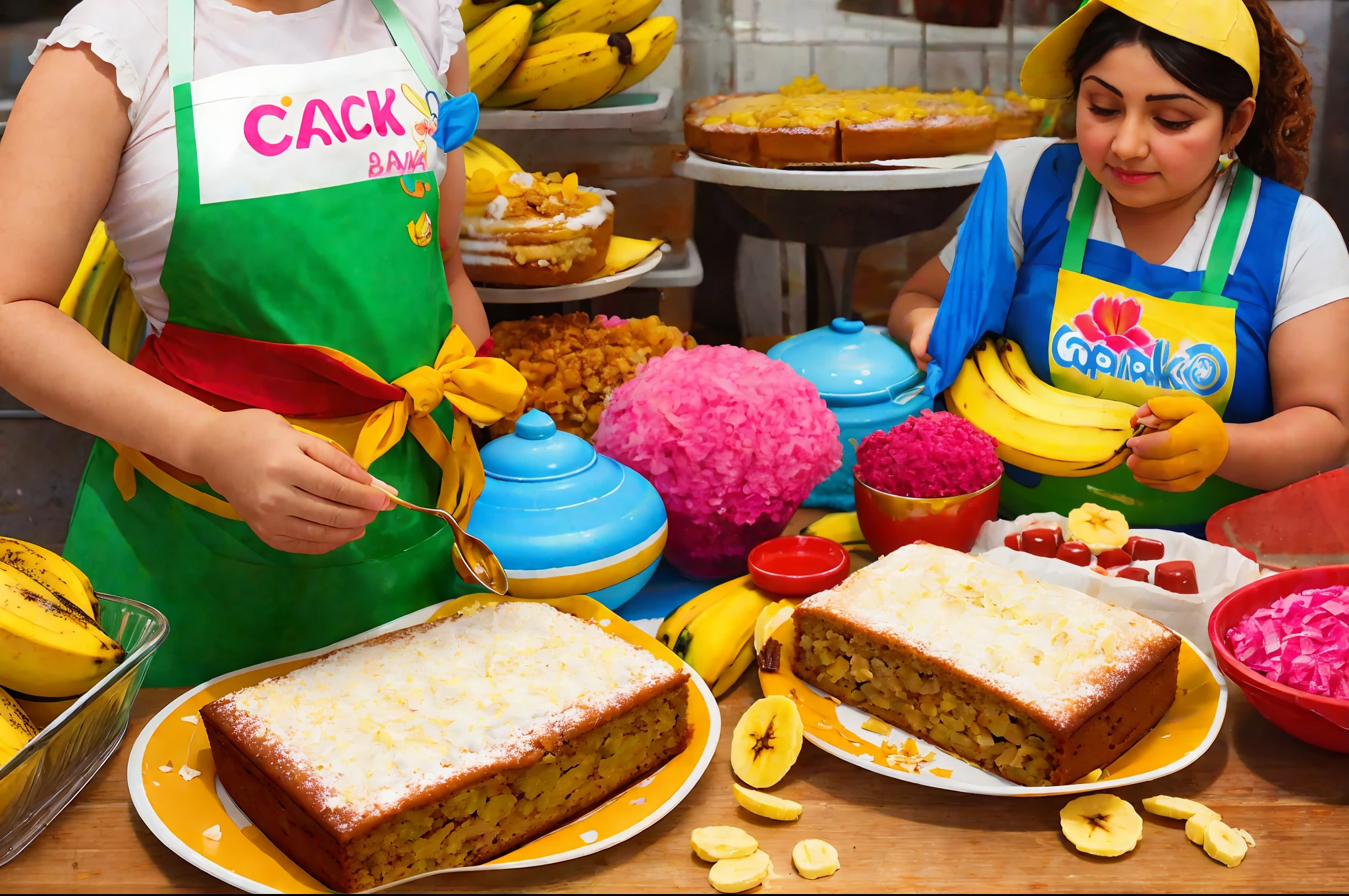 Mexican confectioners preparing banana cake recipes