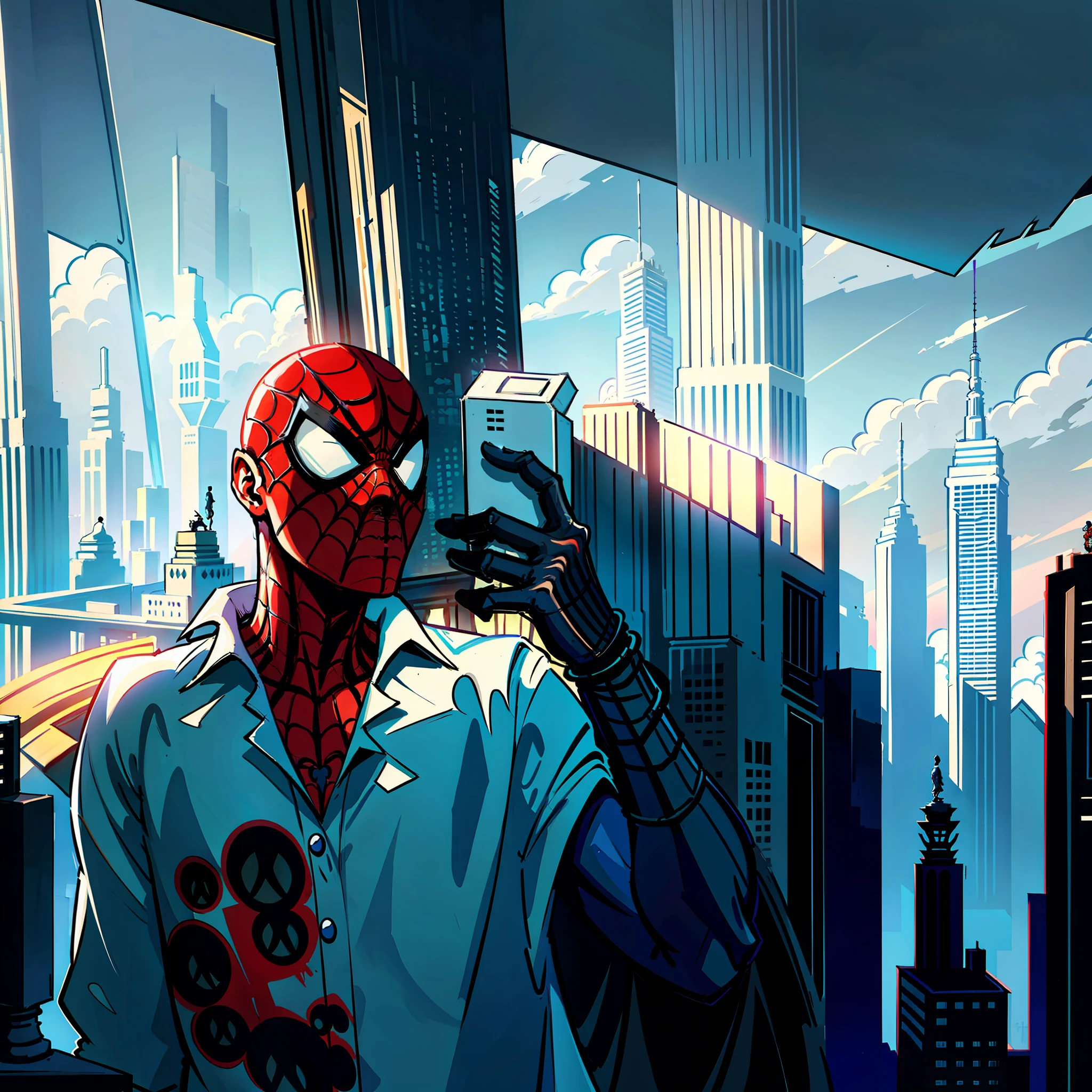 Beautifully illustrated scene of Spider-Man standing on a legendary skyscraper and admiring the breathtaking beauty of the modern sophisticated city below. A remarkable and stylized portrayal of a nefarious villain in a very detailed and dynamic performance by J. Scott Campbell and Jim Lee