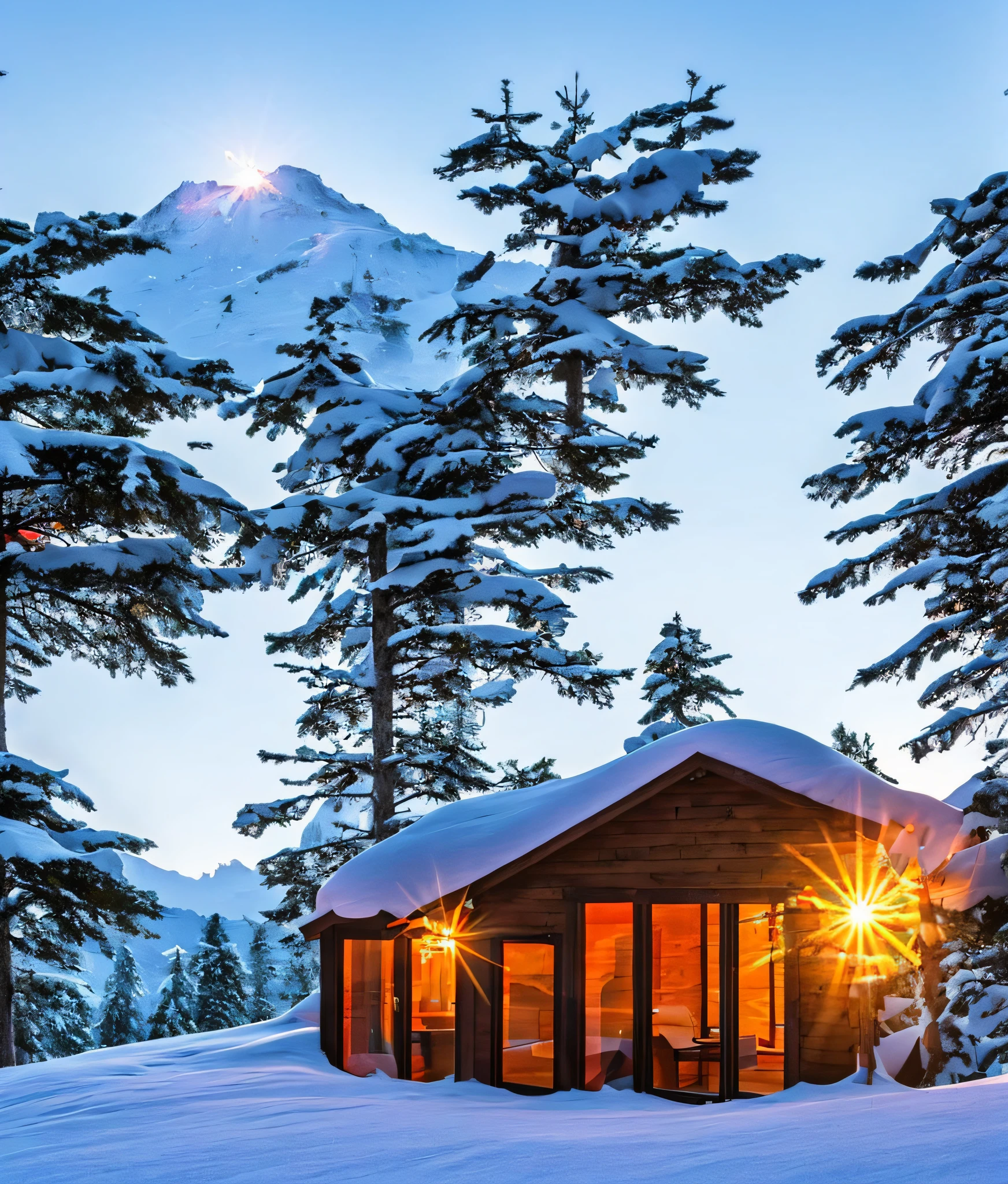 Create a hut on a foot of a mountain with a beautiful sunset, on the peak of the snow mountains, several trees around