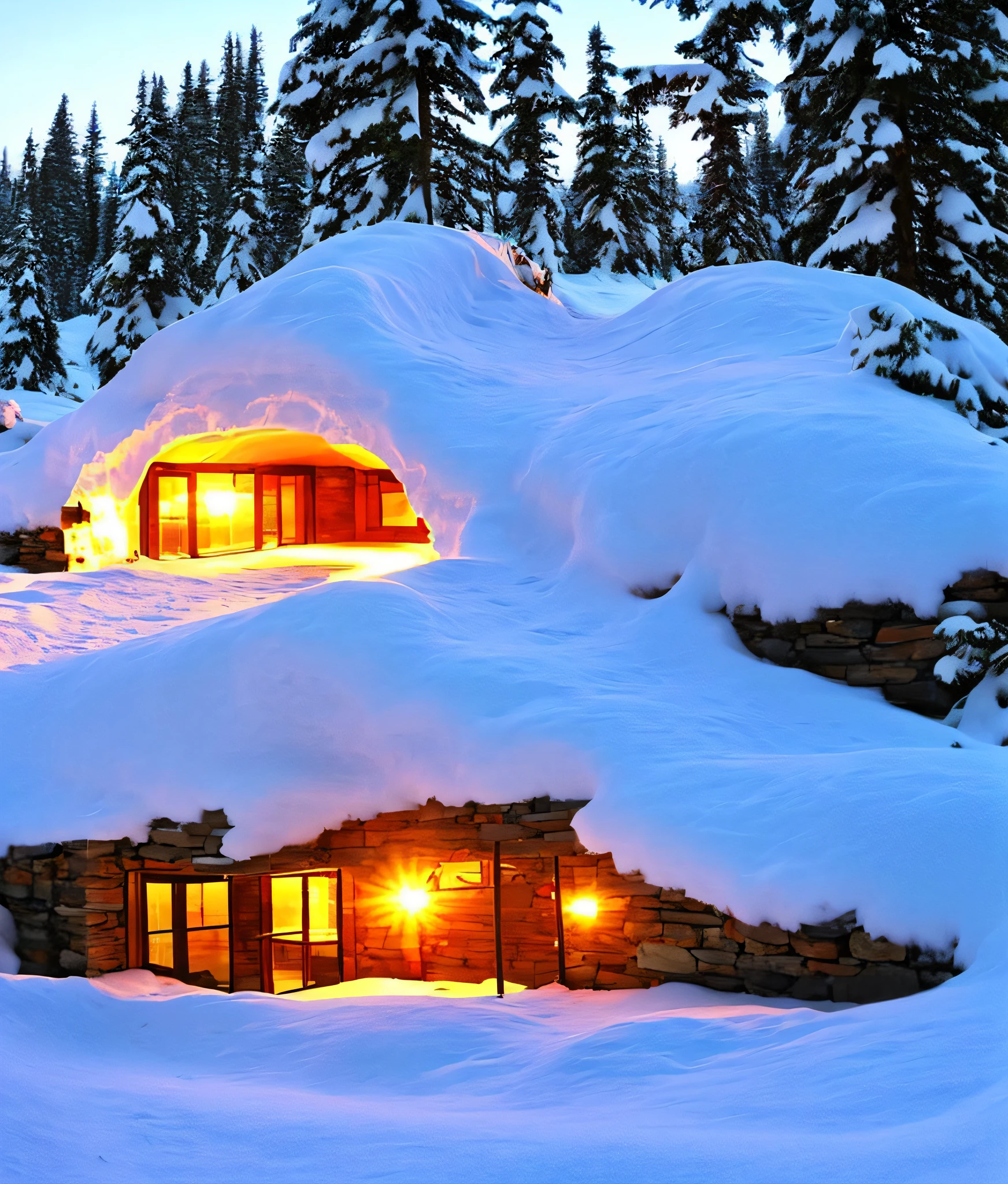 Create a hut on a foot of a mountain with a beautiful sunset, on the peak of the snow mountains, several trees around