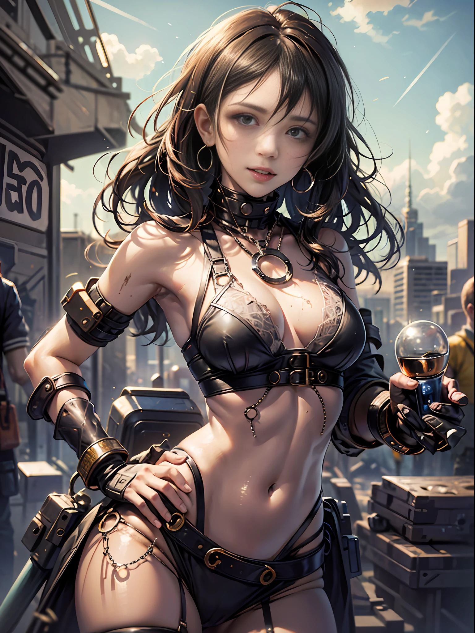 Future apocalyptic Latin female refugee, (18 years old), named Naomi Woods, beautiful face, looking at the audience, blurred background, upper body, extremely thin breasts, thin waist, petite, bracer, apocalypse, shabby city, filthy, see-through tight and tattered clothes, camel toes, dry and smiling, power pose, heat, surrounded by a large group of refugees supporting her --auto --s2