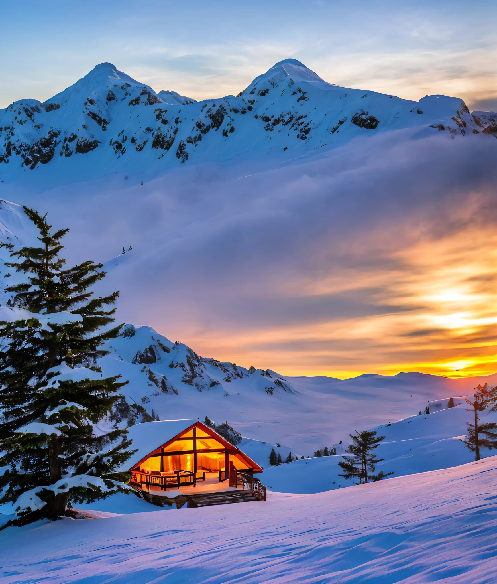 Create a hut on a foot of a mountain with a beautiful sunset, on the peak of the snow mountains, several trees around