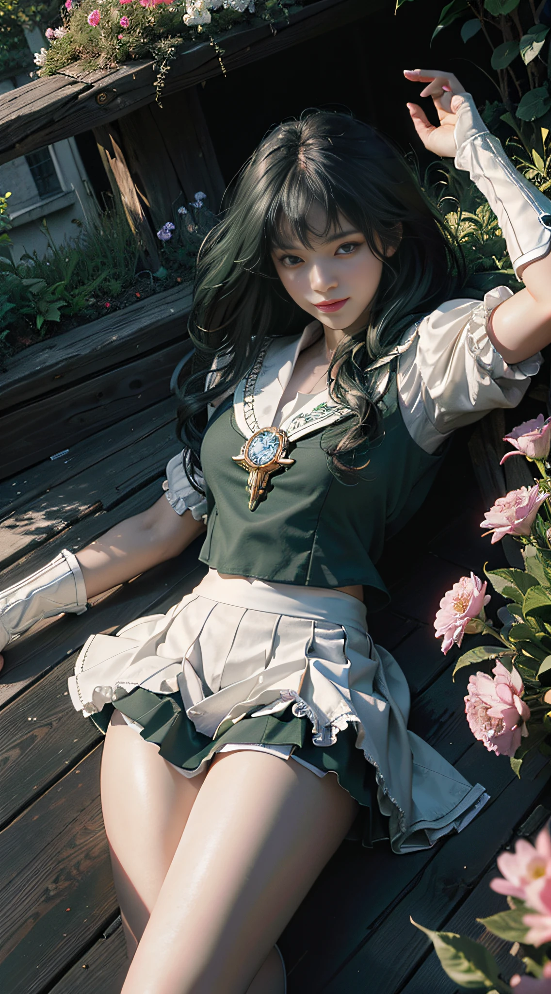 (Extreme Detail CG Unity 8K wallpaper, masterpiece, highest quality), (exquisite lighting and shadow, highly dramatic picture, cinematic lens effect), (Sailor Moon: 1.4), delicate facial features, charming smile, star eyes, ((dark green hair)), tight top, white gloves, mini skirt, dynamic pose, lying in the garden), (background in a garden full of flowers) (excellent detail, outstanding lighting, wide angle), (excellent rendering, enough to be proud of its kind),