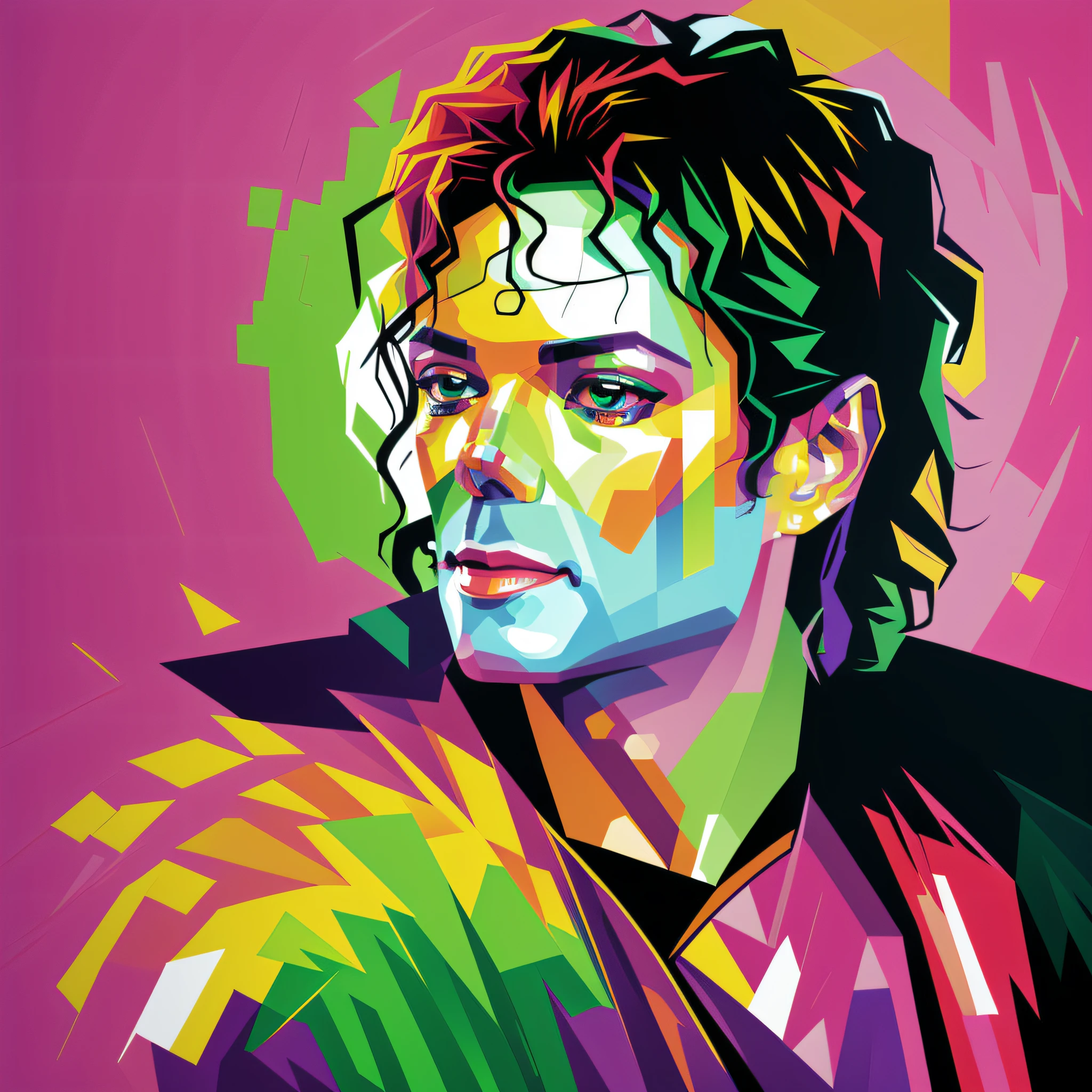 A closeup of a painting of a man, Portrait of michael jackson, WPAP, Color film art, michael jackson, Vector Art Style, "michael jackson, Vector art, Vibrant fan art, Face of michael jackson, Multicolored vector art, in digital illustration style, Art by Alessandro Pautasso, Art masterpiece of art